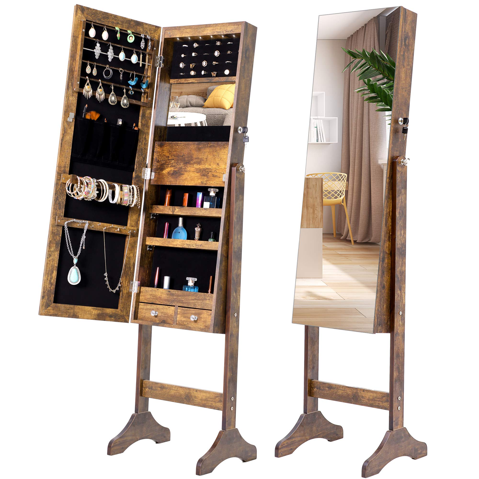Tesmula Fashion Jewelry Storage Mirror Cabinet with LED Lights - Elegant Vanity Organizer for Necklaces, Rings & Earrings - Perfect for Bedroom, Living Room & Dressing Room Decor