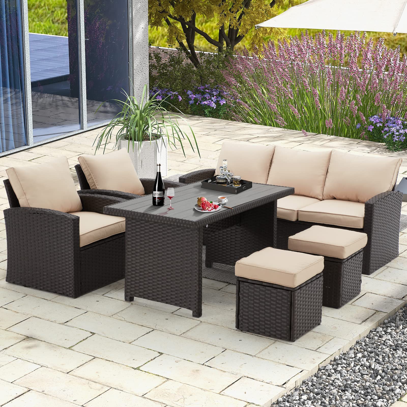 HOMREST 6-Piece Outdoor Patio Furniture Set - All-Weather Wicker Rattan Sectional Sofa with Dining Table & Chairs (Beige) - Perfect for Backyard, Garden, Poolside, Patio & Deck - Ideal for Outdoor Entertaining, Lounging & Dining Al Fresco - Great for Summer BBQs, Family Gatherings & Relaxing in the Sunshine - Durable & Stylish Outdoor Furniture for Pool Parties, Garden Tea Time & Sunset Cocktails