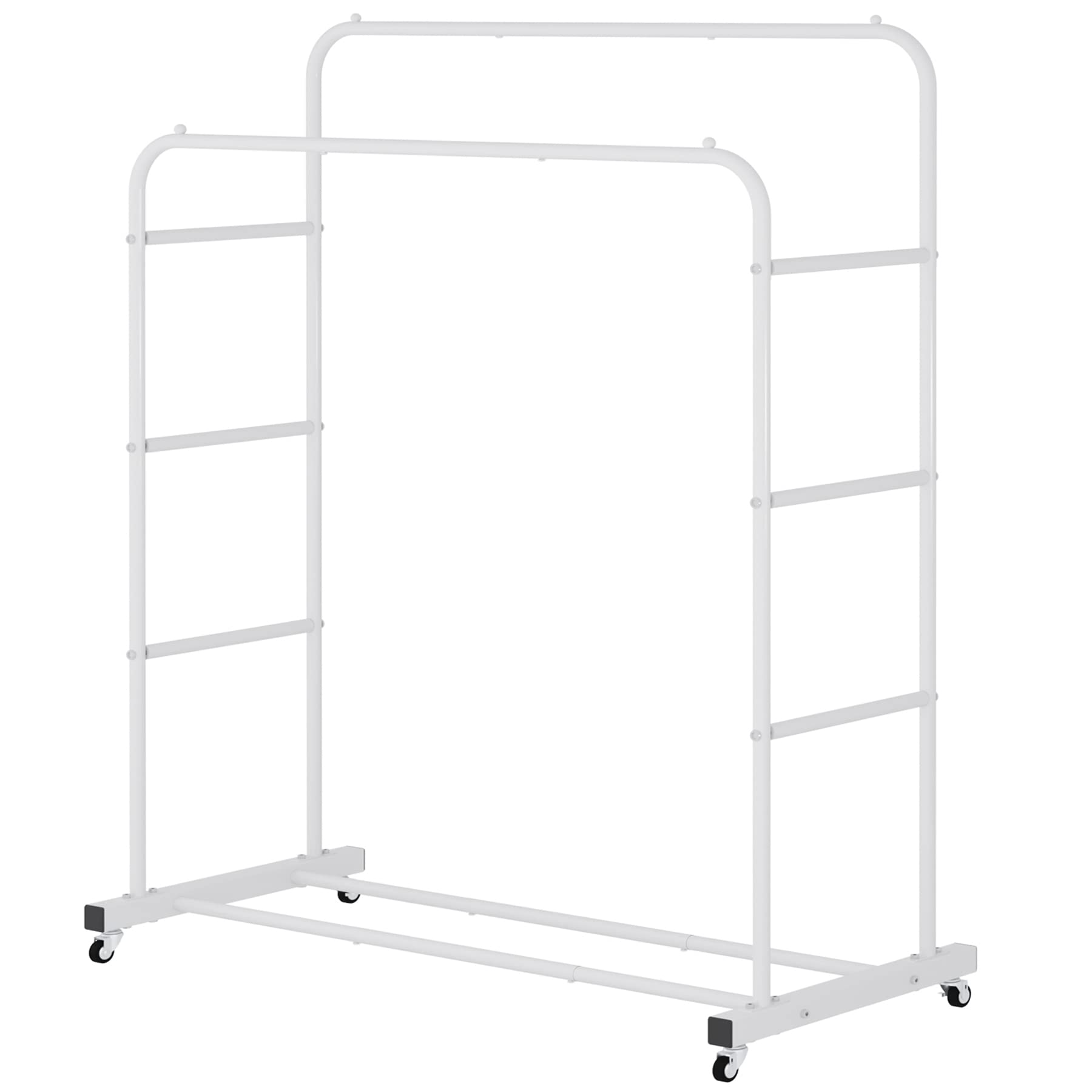Laiensia Double Rod Rolling Garment Rack with Wheels - Heavy Duty Clothes Hanging Organizer for Bedroom, Closet & Laundry Room - Multi-Functional Freestanding Clothing Rack in White - Perfect for Drying Clothes, Organizing Wardrobe & Temporary Storage