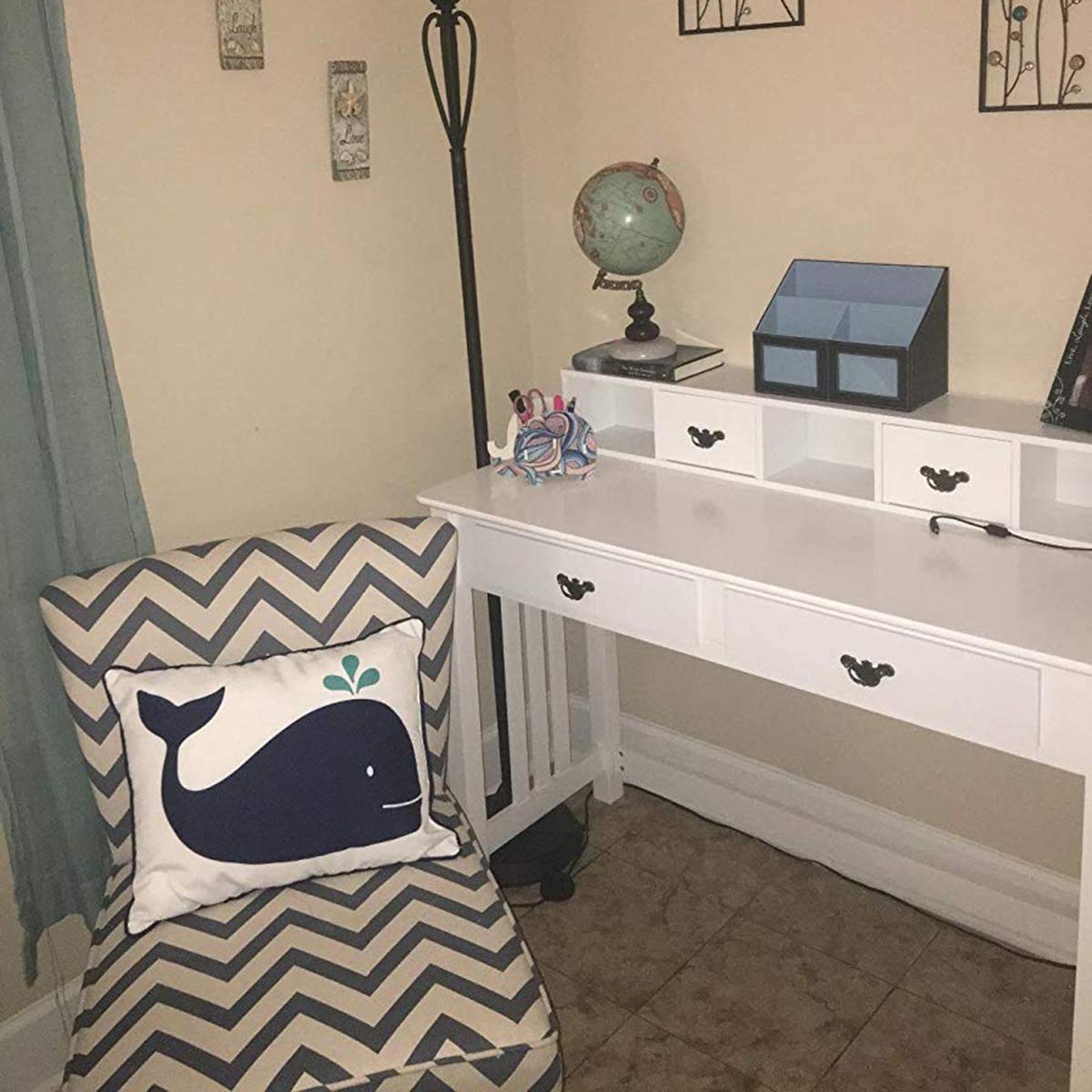 LDAILY Mocha Writing Desk with 4 Drawers - Solid Pine Wood Legs, Makeup Vanity Dressing Table with 2-Tier Hutch, Removable Floating Organizer Console Table - Home Office Computer Desk, Spacious Workstation in White for Study, Bedroom & Small Spaces
