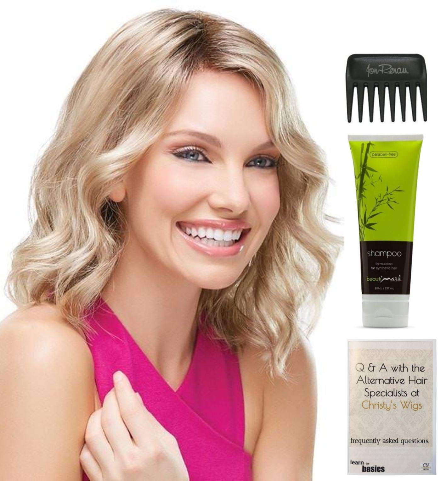 Jon Renau Scarlett Petite Wig Bundle (4 Items) - Includes Synthetic Shampoo, Wide Tooth Comb & Styling Guide - Color 24BT18S8 - Perfect for Daily Wear, Cosplay & Hair Loss Solutions