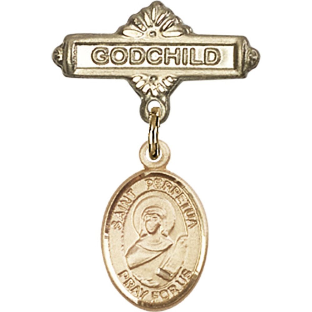 Gold Filled Baby Badge with St. Perpetua Charm & Godchild Pin - 1 X 5/8 Inch Religious Jewelry - Perfect for Christening, Baptism & Baby Blessing Gifts