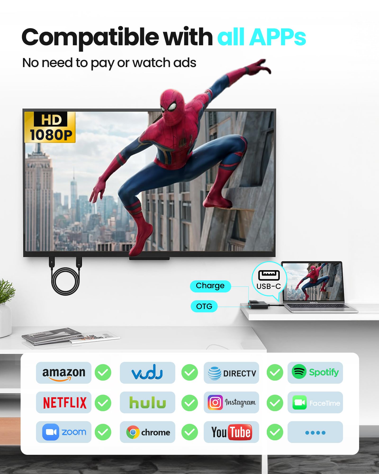 2024 Upgraded Wireless HDMI Transmitter and Receiver Kit - USB C to HDMI Extender for 4K Streaming to TV/Projector/Monitor | Compatible with iPhone 15, iPad, MacBook, Smartphones & Laptops | Perfect for Home Theater, Office Presentations & Gaming Setups