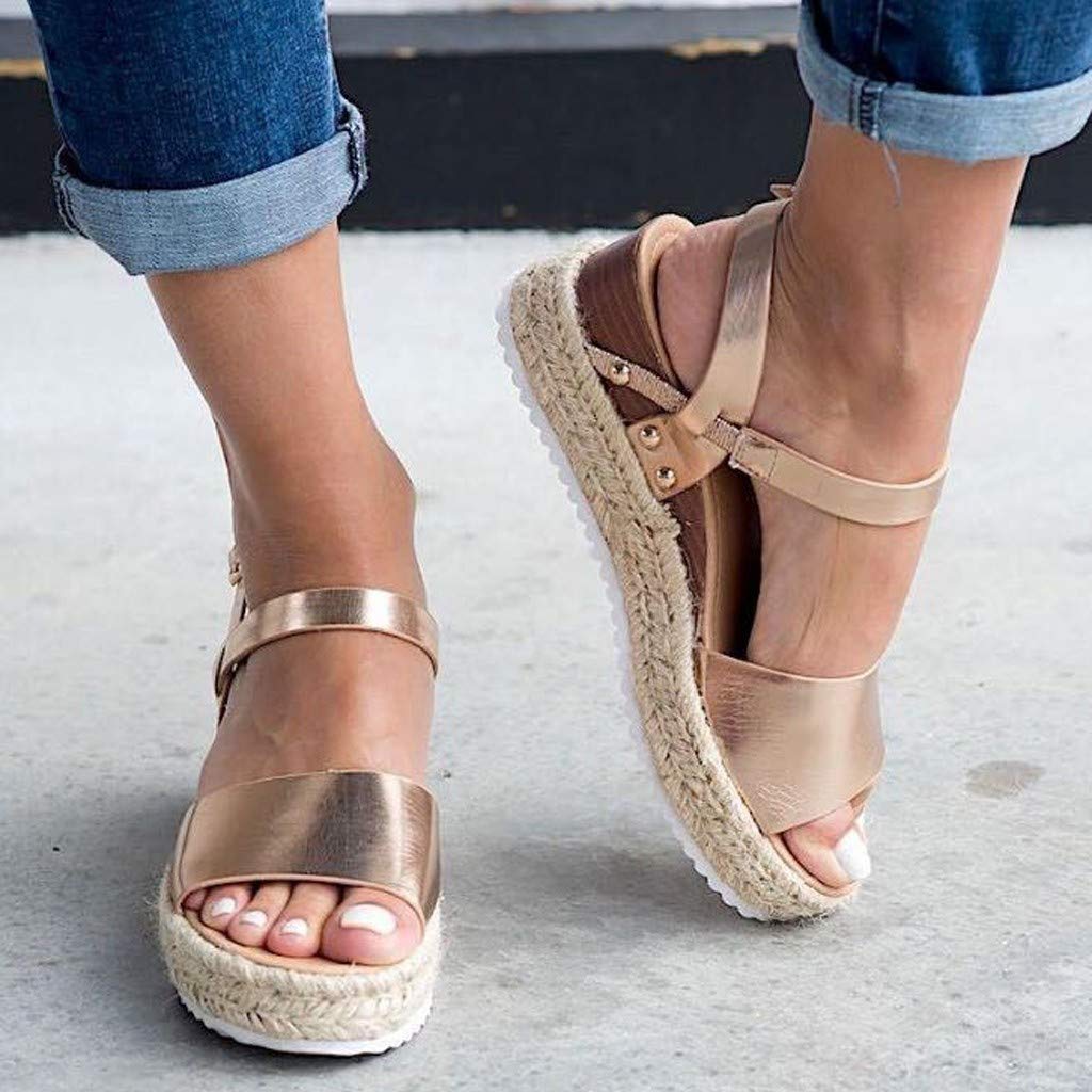 Women's Wide Width Wedge Sandals with Ankle Buckle - 2020 Fashion Summer Beach Sandals, Open Toe Espadrille Platform Shoes for Casual Outings & Vacation Wear