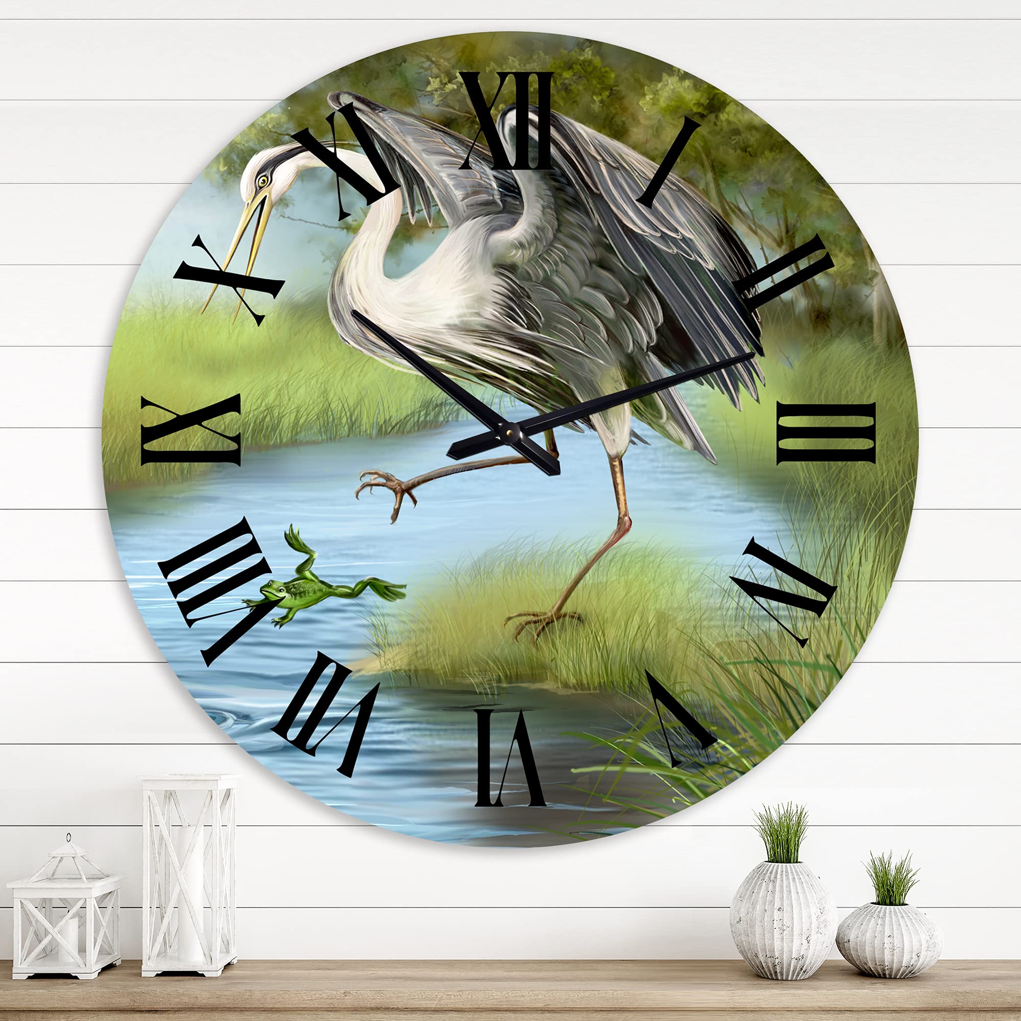 Farmhouse Wall Clock - 'Crane Hunting A Frog in The Water' Large Rustic Animal Wall Clock for Bedroom, Living Room & Kitchen Decor | Perfect for Home, Office & Cabin Décor