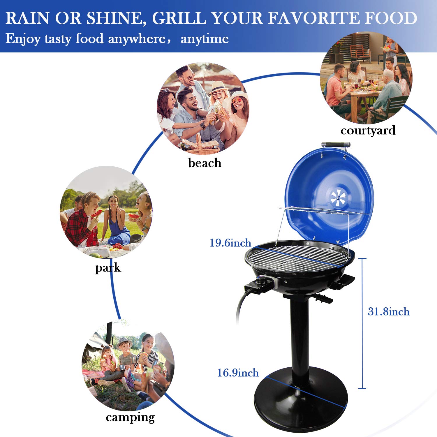 Techwood 1600W Electric Grill for Indoor & Outdoor Use - Portable BBQ Grill with Removable Stand - Perfect for Backyard, Camping & Patio Cooking (Blue)