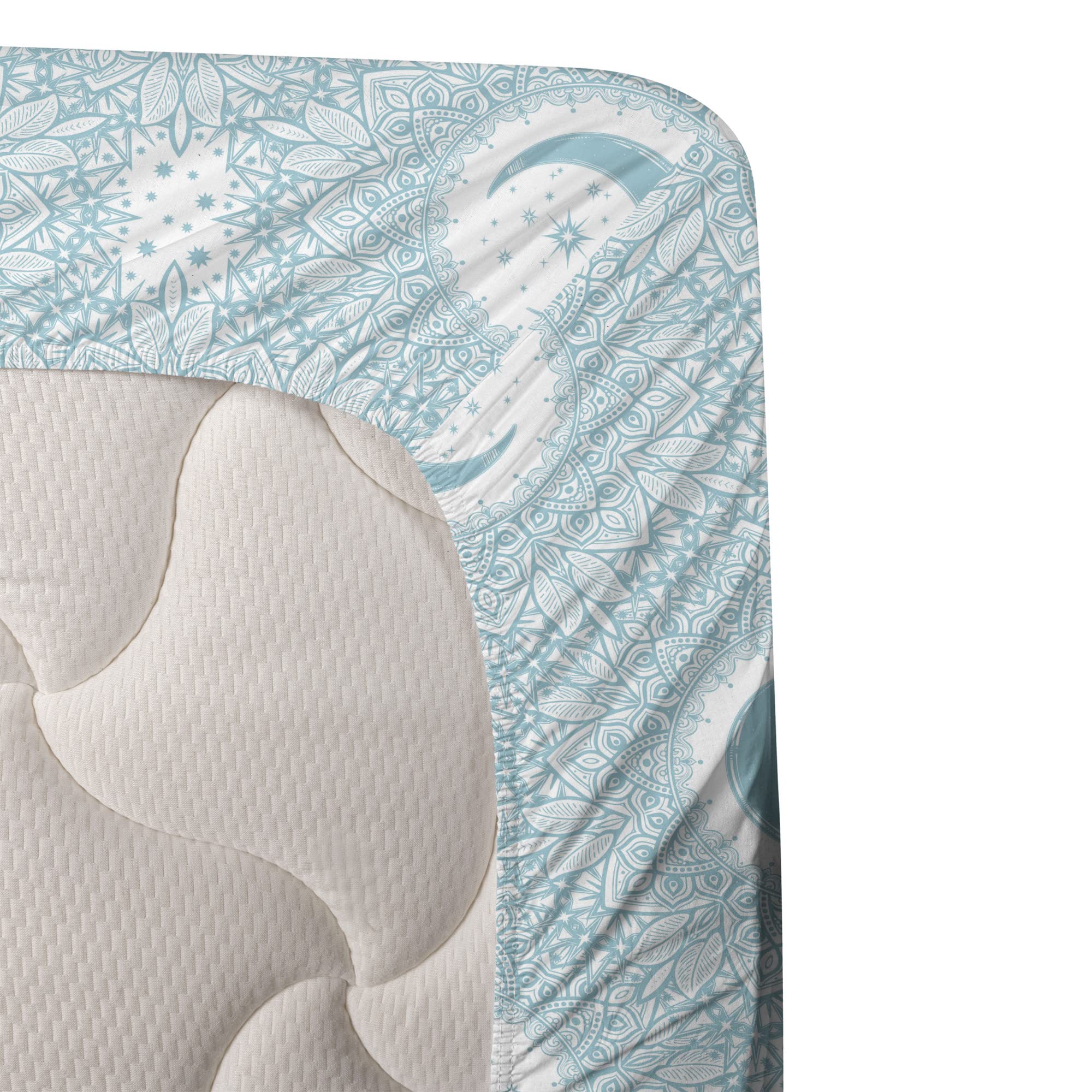 Ambesonne Bohemian Floral Crescent Moon Sheet Set - 4 Piece King Size Bedding with Fitted Sheet, Flat Sheet & Pillowcases - Blue Grey White Monochrome Oriental Design for Bedroom Decor & Guest Room Styling