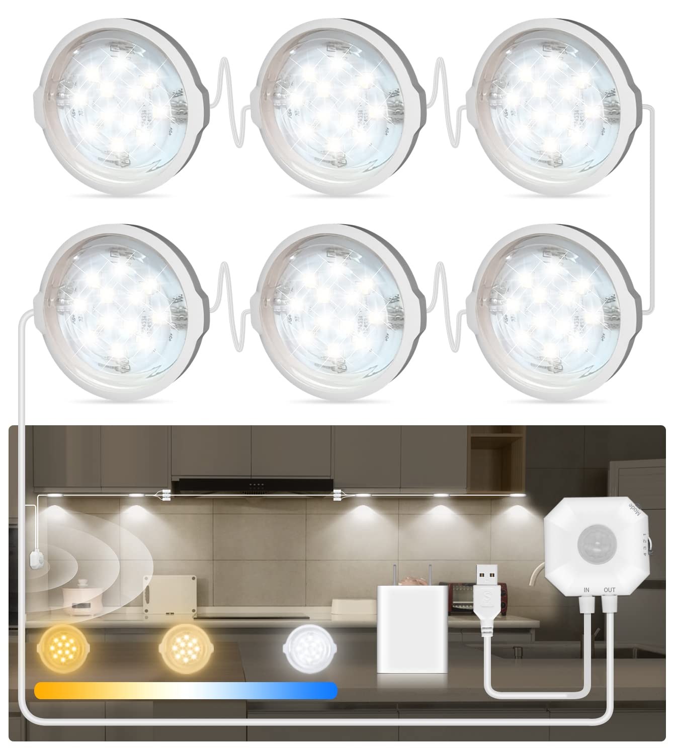 MATICOD Motion Sensor LED Under Cabinet Lights - 3 Pack White Kitchen Cupboard Lighting with Auto On/Off - Perfect for Pantry, Closet, Stairway & Nighttime Safety