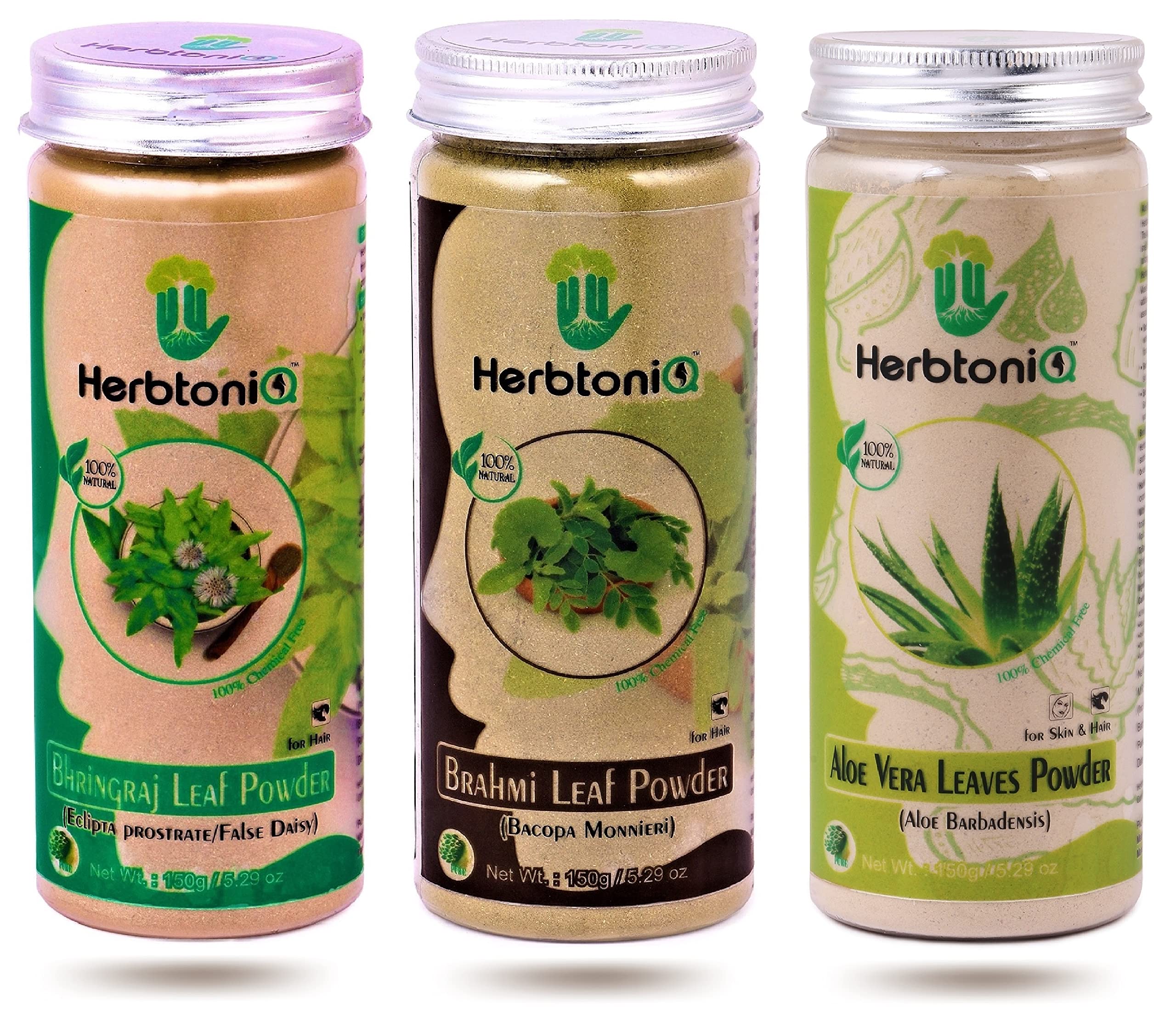 HerbtoniQ 100% Natural Bhringraj Powder, Brahmi Powder & Aloe Vera Powder for Dandruff & Hair Fall Treatment - 450g | Organic Hair Care Solution for Stronger, Healthier Hair | Perfect for DIY Hair Masks & Scalp Treatments