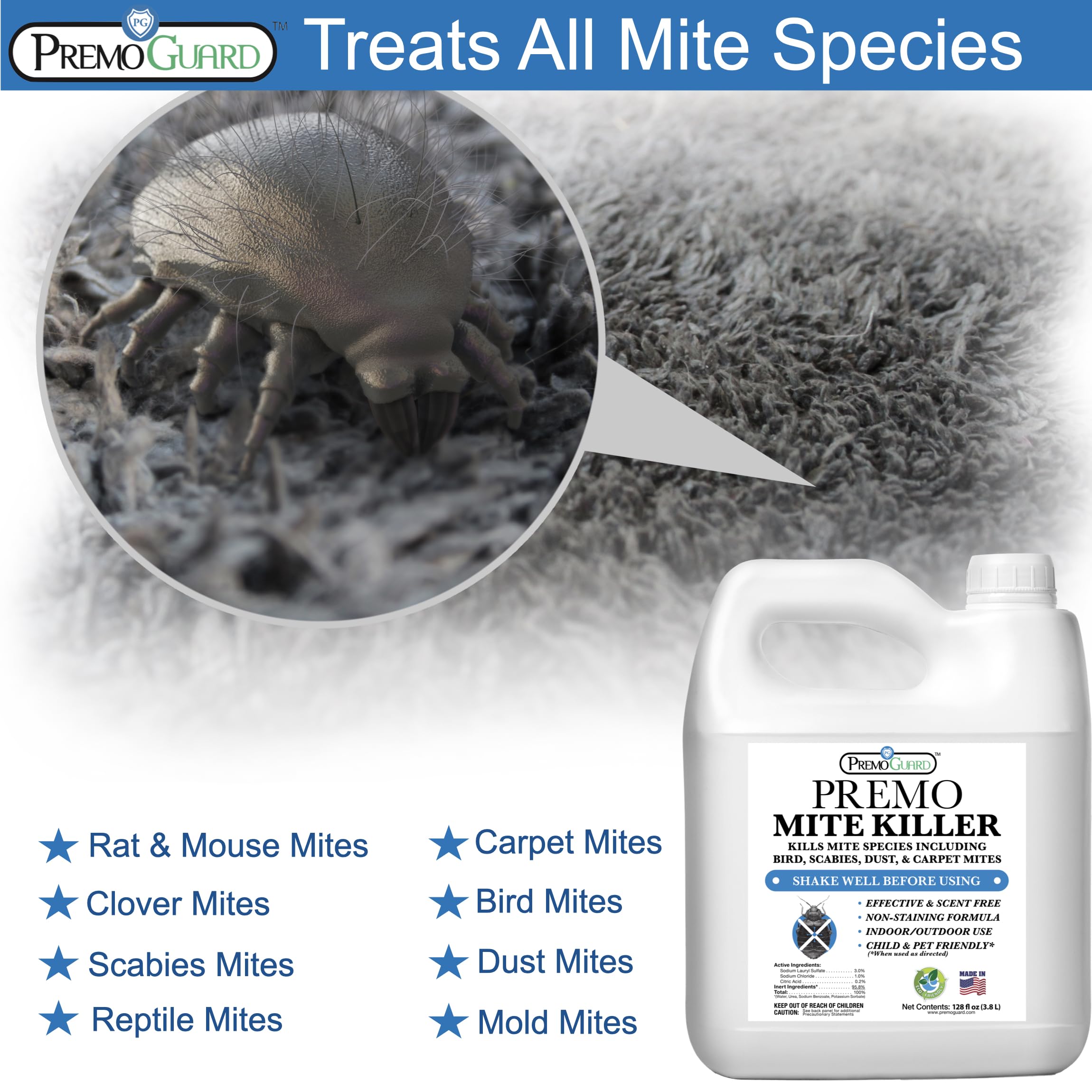 Premo Guard Natural Mite Treatment Spray – 128 oz – Kills Dust Mites, Scabies, Spider Mites, Carpet Mites, Bird Mites & Rodent Mites – Non-Toxic Formula Safe for Kids & Pets – Use on Beds, Mattresses, Furniture & Home Surfaces for Allergy Relief & Pest Control