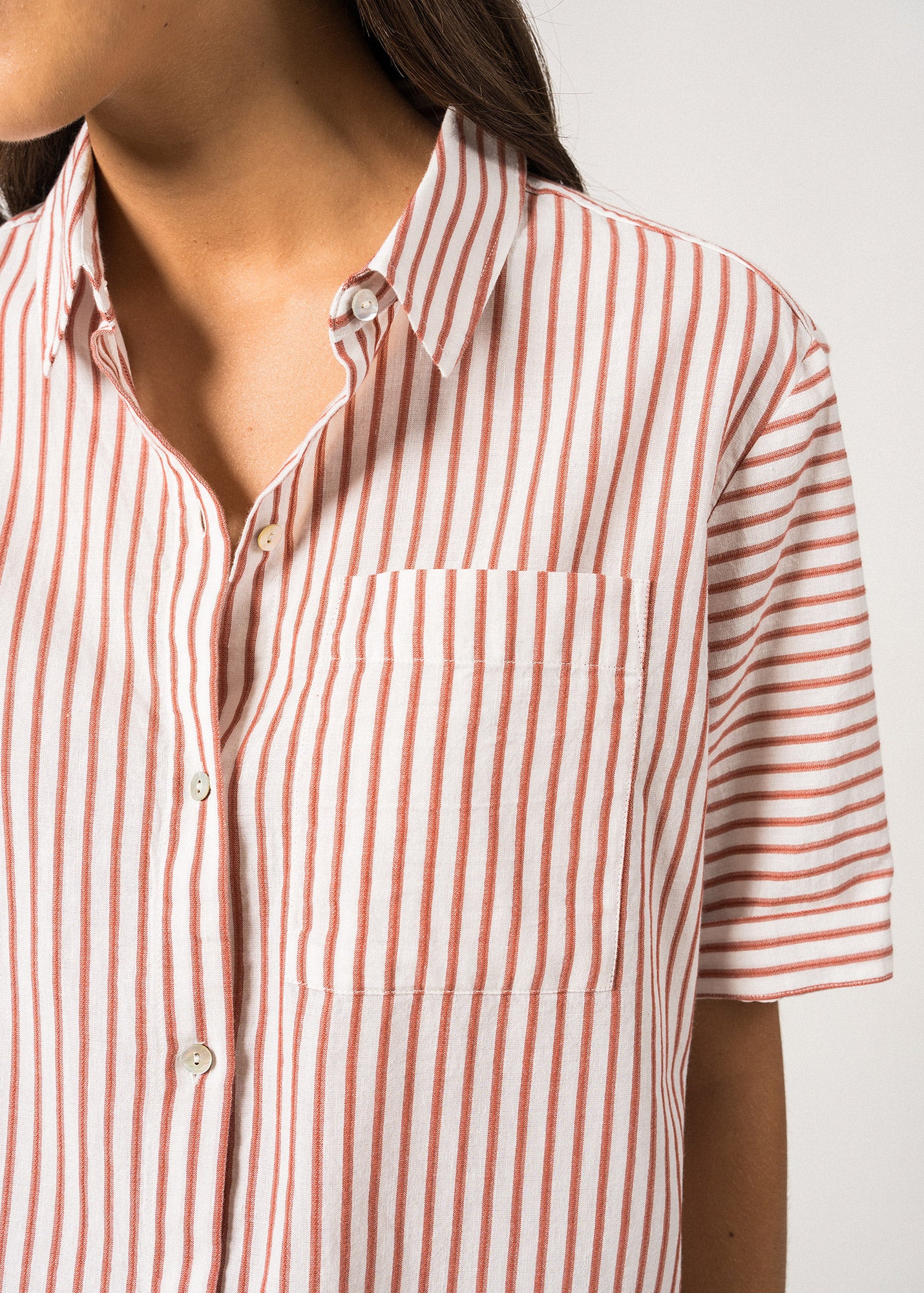 CARLA Women's Button Down Blouse with Chest Pocket - Soft Cotton Linen Blend Shirt (White/Terracotta) for Office, Casual Wear & Summer Outfits