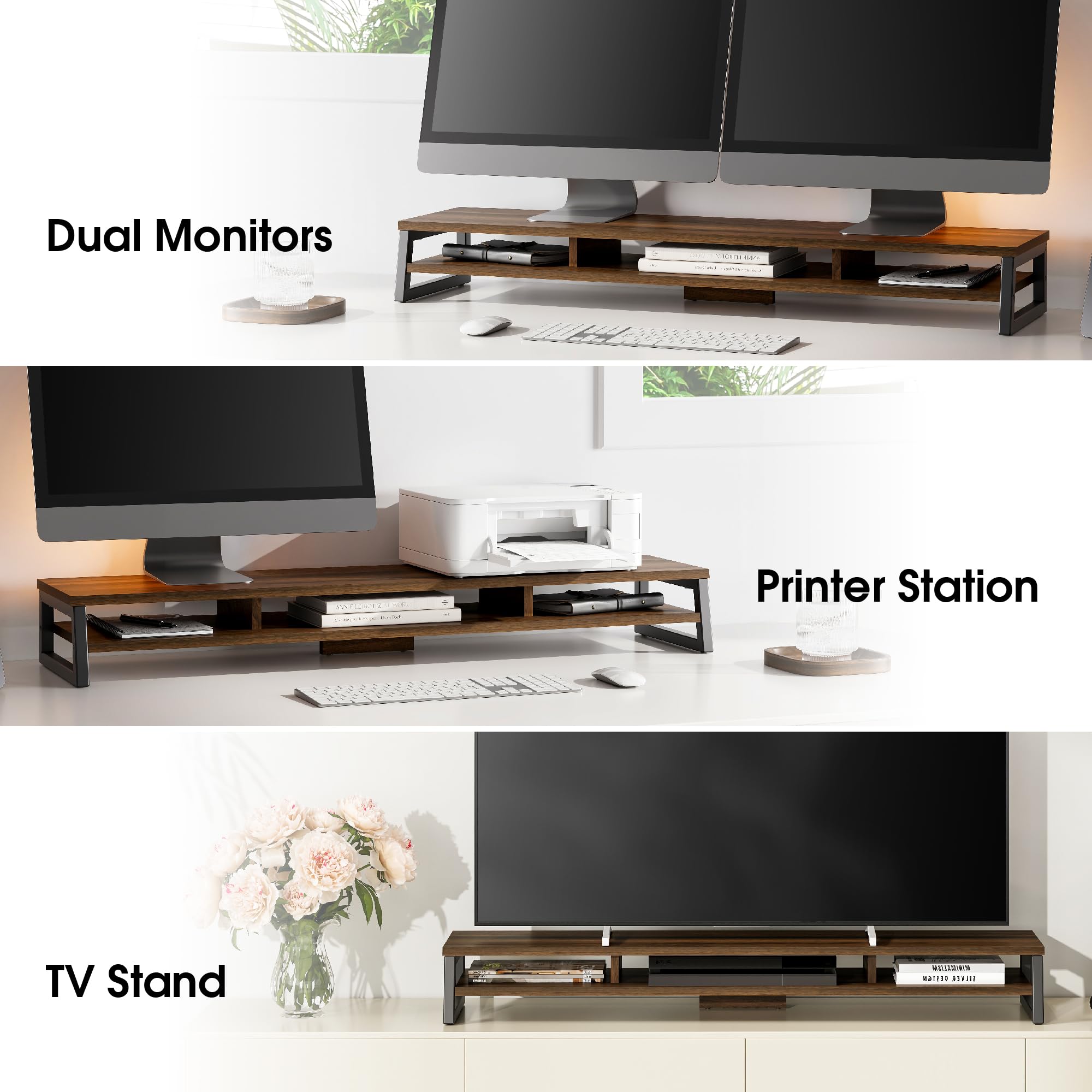 Dual Monitor Stand Riser for Desk - 42.5 Inch Large 2-Tier Monitor Shelf for 2 Screens, Laptop, PC & Printer | Space-Saving Office Desk Organizer for Home & Work Setup