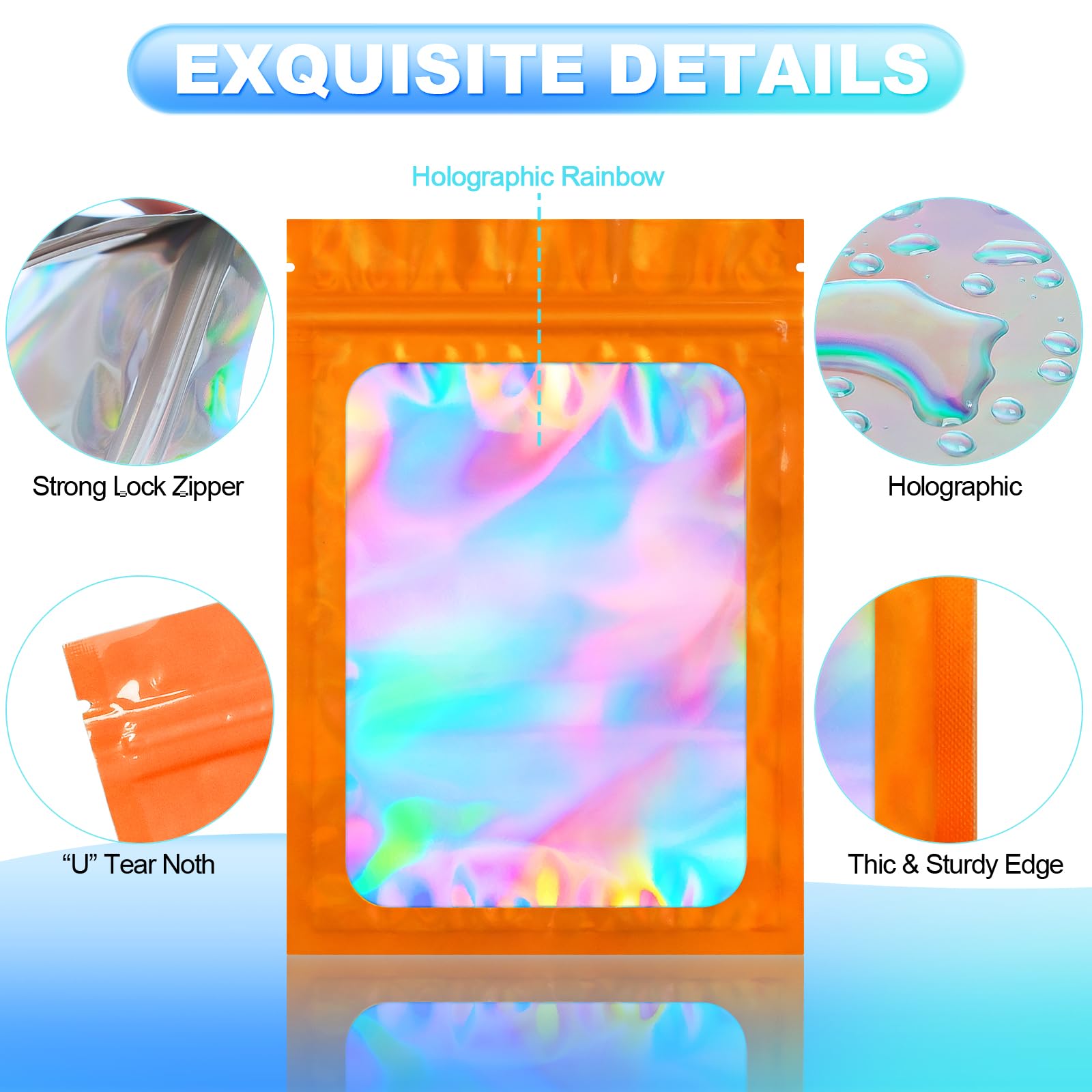 100-Pack Smell Proof Mylar Bags - Resealable Holographic Pouch with Clear Window for Food Storage, Eyelash, Jewelry & Electronics | Airtight & Durable (4x6 Inch, Orange) - Perfect for Travel, Organizing & Long-Term Preservation