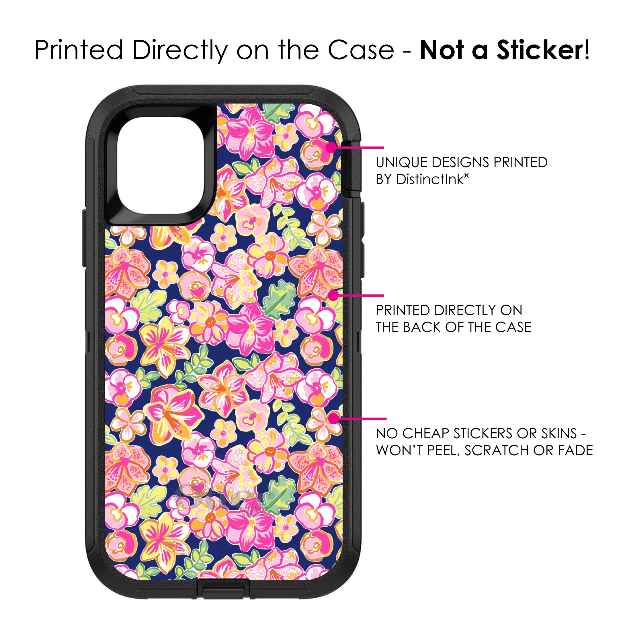 DistinctInk iPhone 11 Case (6.1 Inch) - Premium Floral Pattern Protective Cover - Pink Green Navy Flowers Design - Durable Shockproof Replacement for OtterBox Defender - Perfect for Work, Travel & Everyday Use