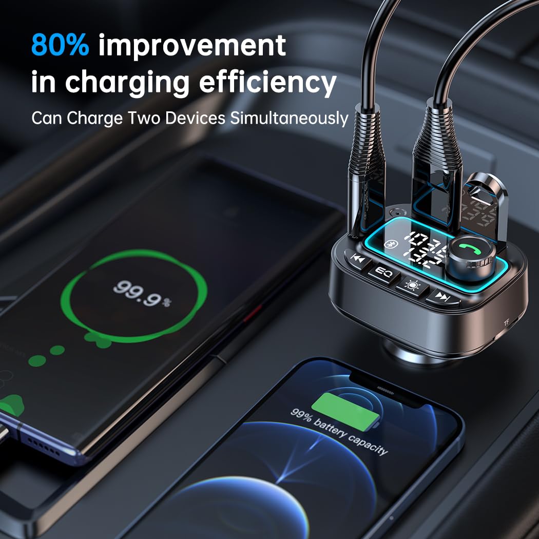 Bluetooth 5.3 FM Transmitter for Car with 42W USB C Fast Charger (PD30W & 12W) - Wireless Radio Receiver, Hands-Free Calling, MP3 Player, Deep Bass - Perfect for Road Trips & Commuting (Black)