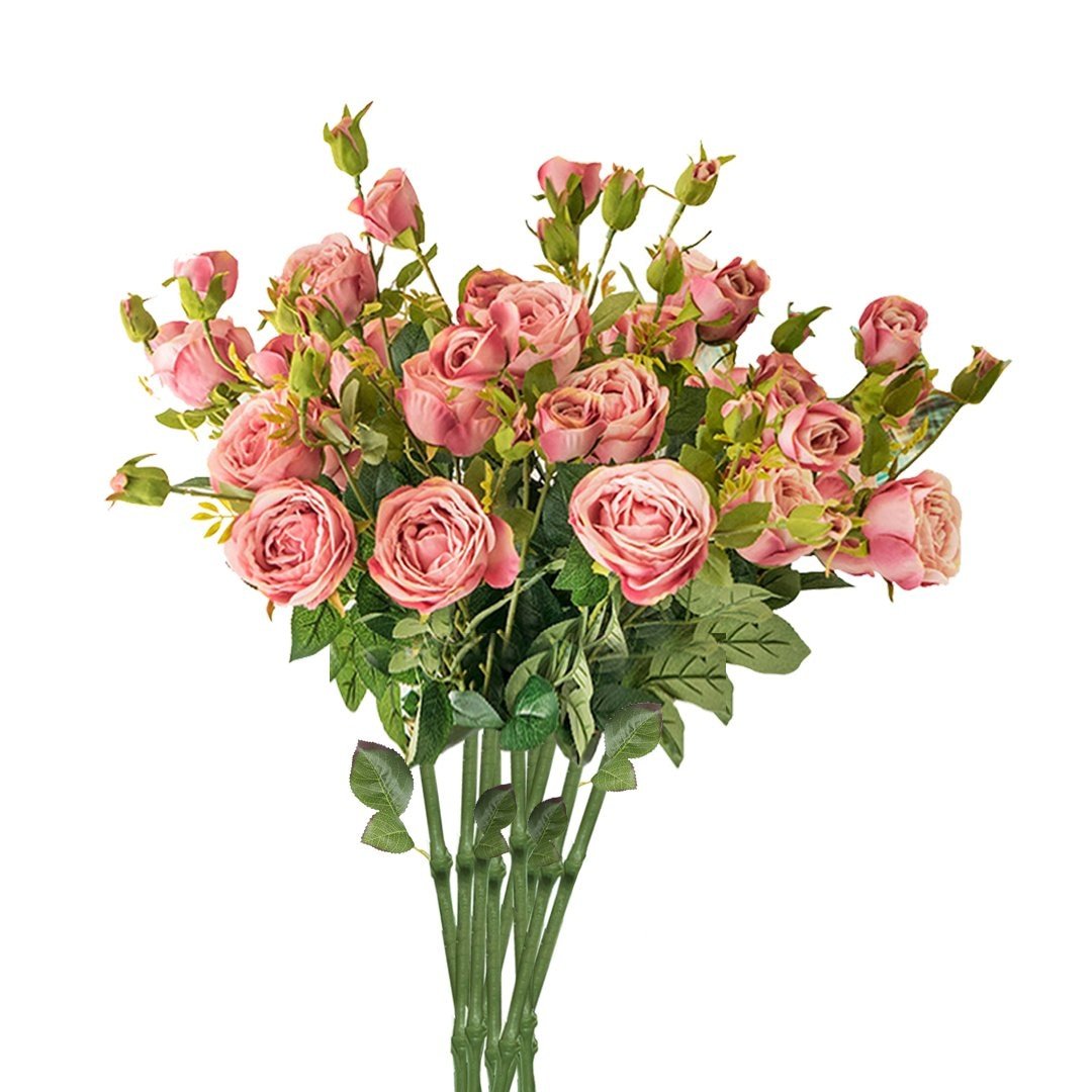 10 Bunch Artificial Silk Rose Flowers - 6 Heads Fake Bridal Bouquet for Wedding, Home, Table Decor - Pink Silk Roses for Centerpieces, Party, Event Decorations