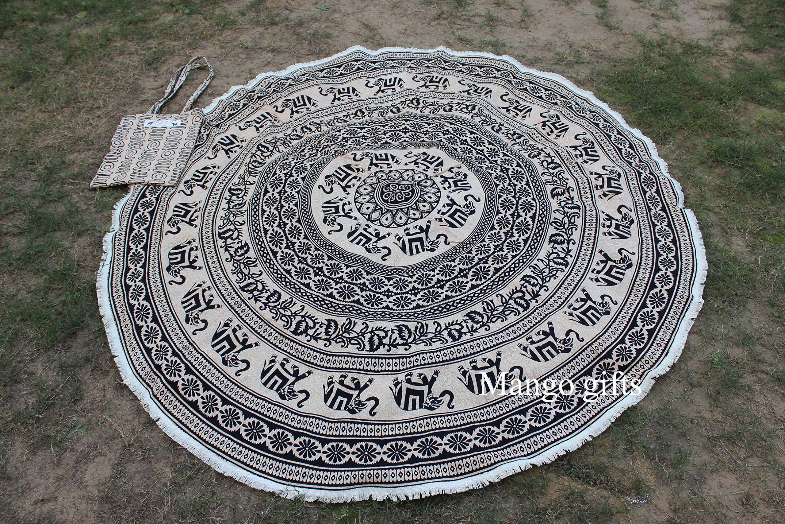 Elephant Mandala Round Beach Throw Blanket - Indian Tapestry with Carry Bag for Yoga, Meditation & Boho Decor | Hippie Home Accessories | Perfect for Beach Picnics, Yoga Sessions & Bohemian Room Decor