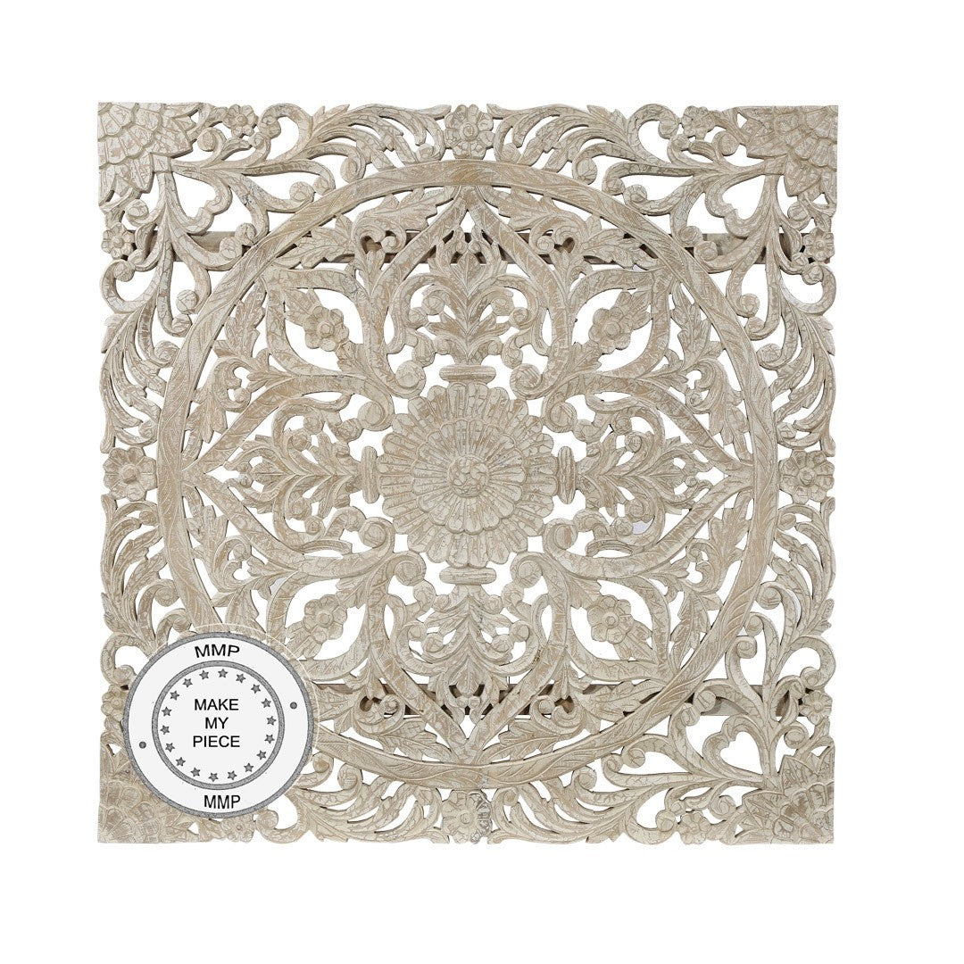 Hand Carved Indian Solid Wood Panel Bed Headboard - White | Elegant Dynasty Design for Master Bedroom & Guest Room Decor