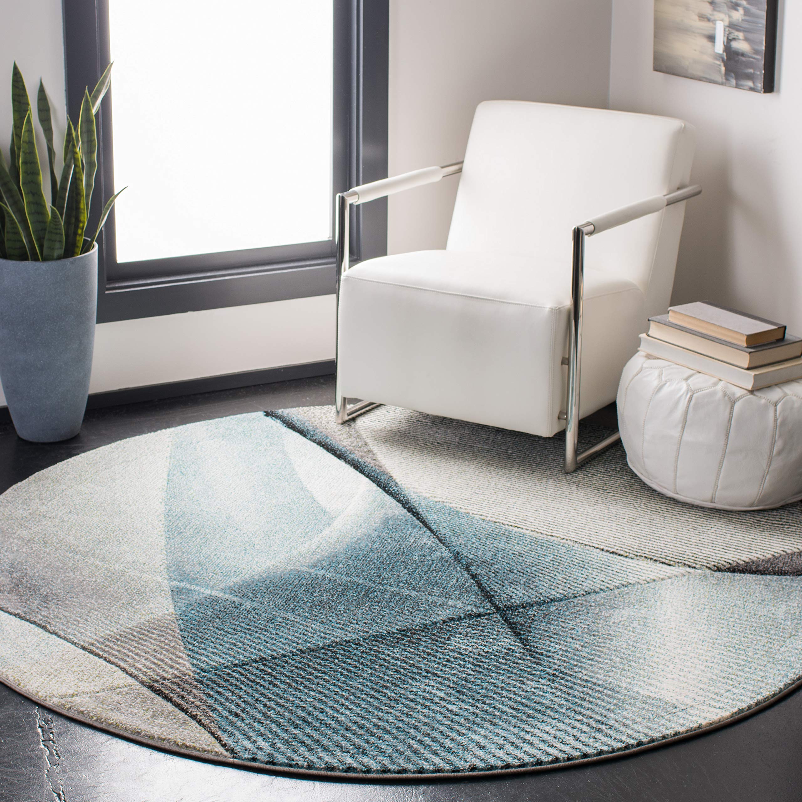 SAFAVIEH Hollywood Collection 11' Round Grey/Teal HLW715D Mid-Century Modern Non-Shedding Area Rug for Dining Room, Entryway, Living Room & Bedroom | Perfect for Boho Chic Home Decor & High Traffic Areas
