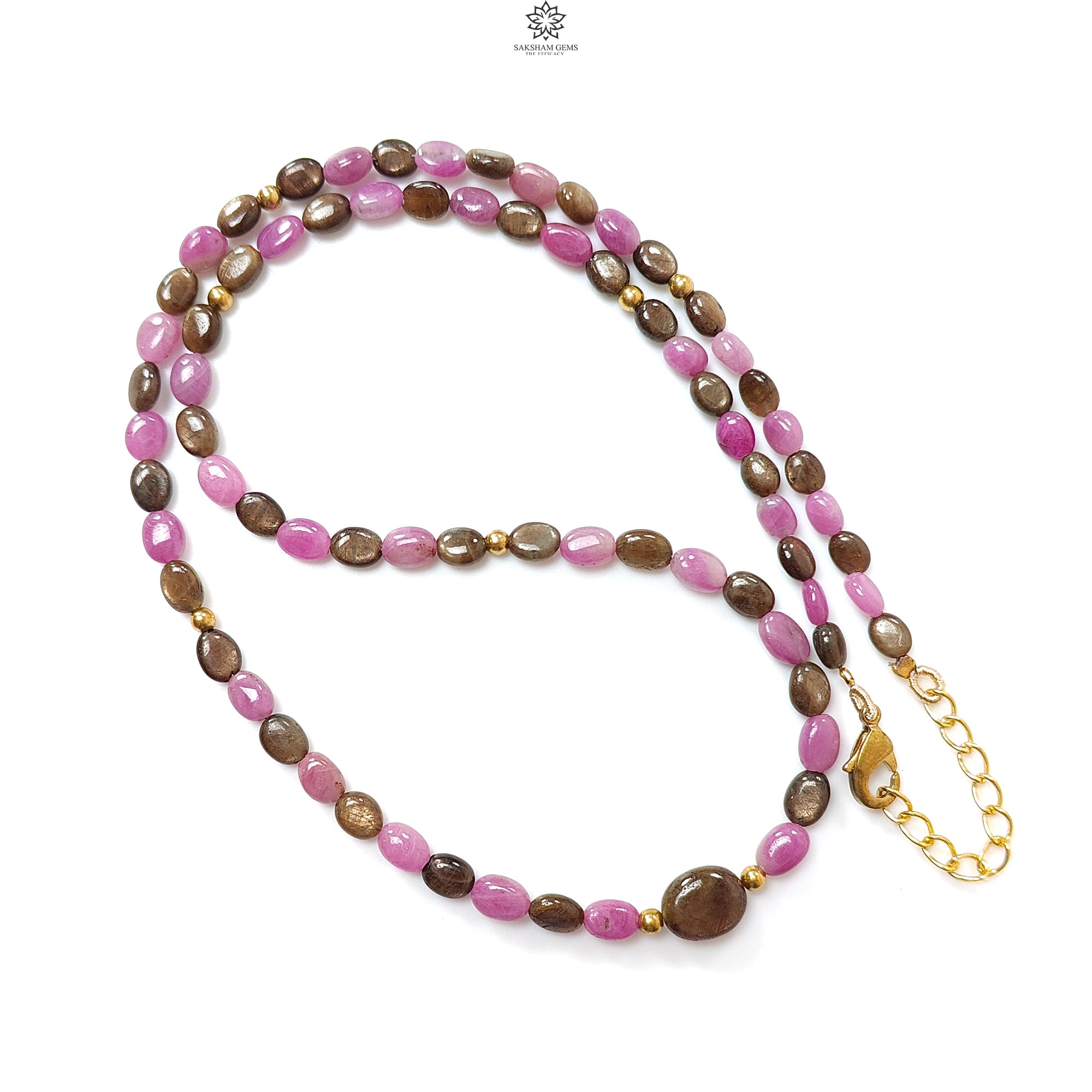 Natural Untreated Golden & Pink Sapphire Gemstone Beads Necklace - Oval Shape Brass Jewelry (18