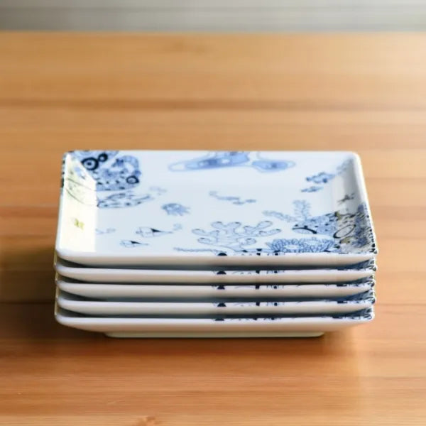 Premium Japanese Hasami Yaki Square Plates - Set of 4, Handcrafted Ceramic Dinnerware with Marine Life Design - Perfect for Sushi, Appetizers & Home Decor