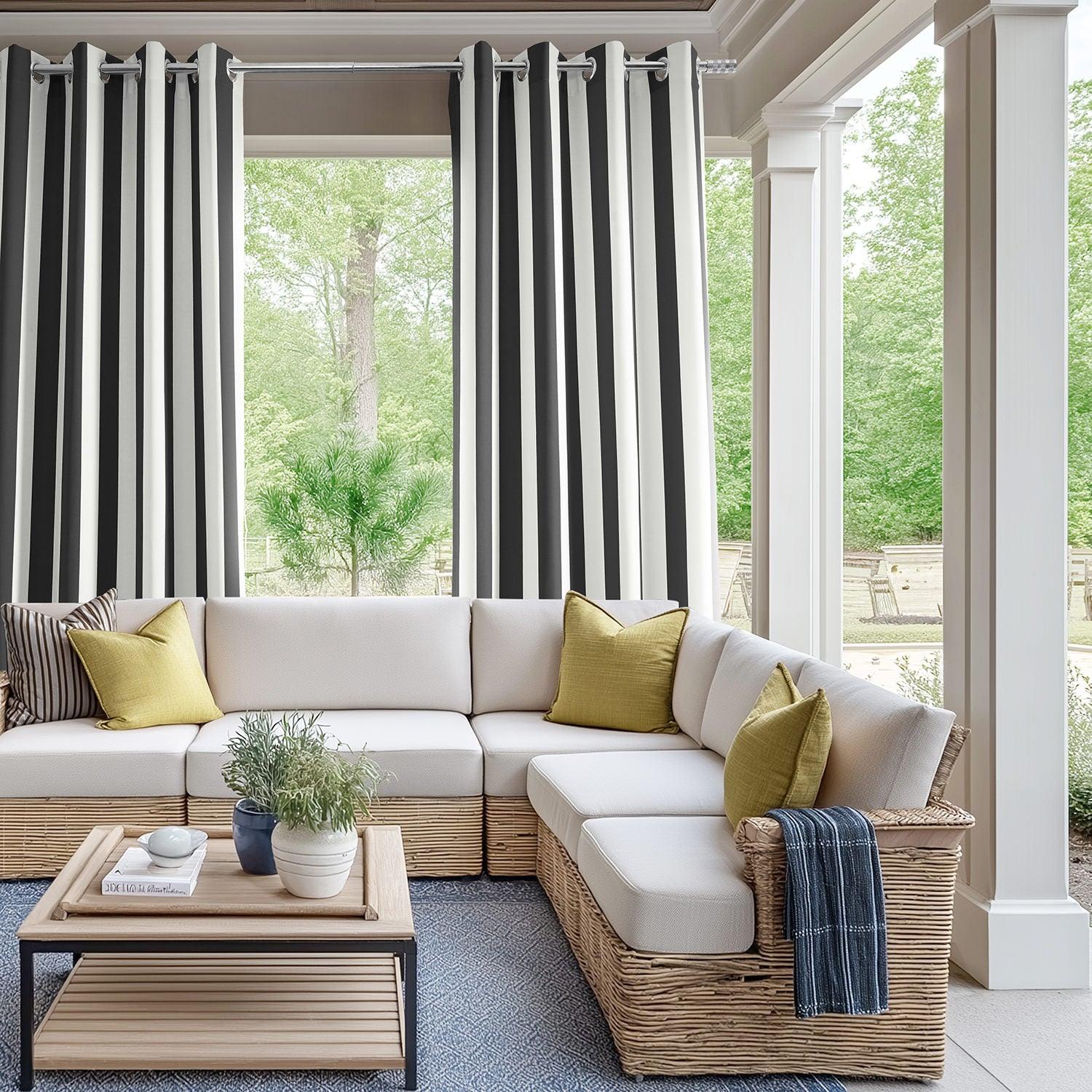 Nautical Black Striped Grommet Villanova Outdoor Curtains - Waterproof Sun Shade Patio Curtains for Porch, Deck, Poolside & Backyard Privacy