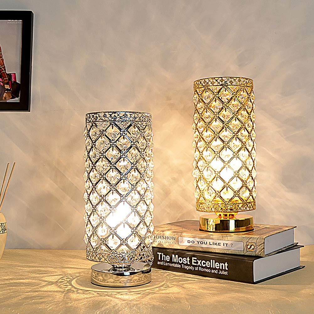Modern Crystal Cylindrical Table Lamp - E27 Bedside Desk Light with Power Switch, Silver Finish | Perfect for Bedroom, Living Room & Office Decor Lighting