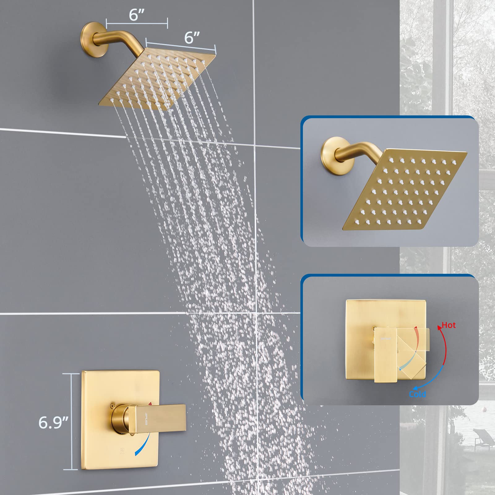 Premium Brushed Gold Shower Faucet Set with 6-Inch Rainfall Shower Head & Valve - Single Handle Bathroom Shower Trim Kit for Modern Home & Spa Experience