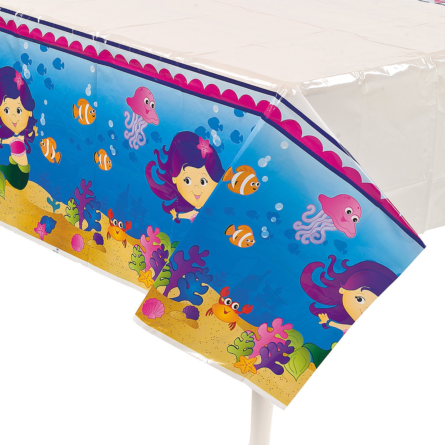 Fun Express Mermaid Party Table Cover - 1-Piece Waterproof Plastic Tablecloth for Mermaid Birthday Party Decorations, Baby Shower, Themed Events & Ocean-Themed Celebrations
