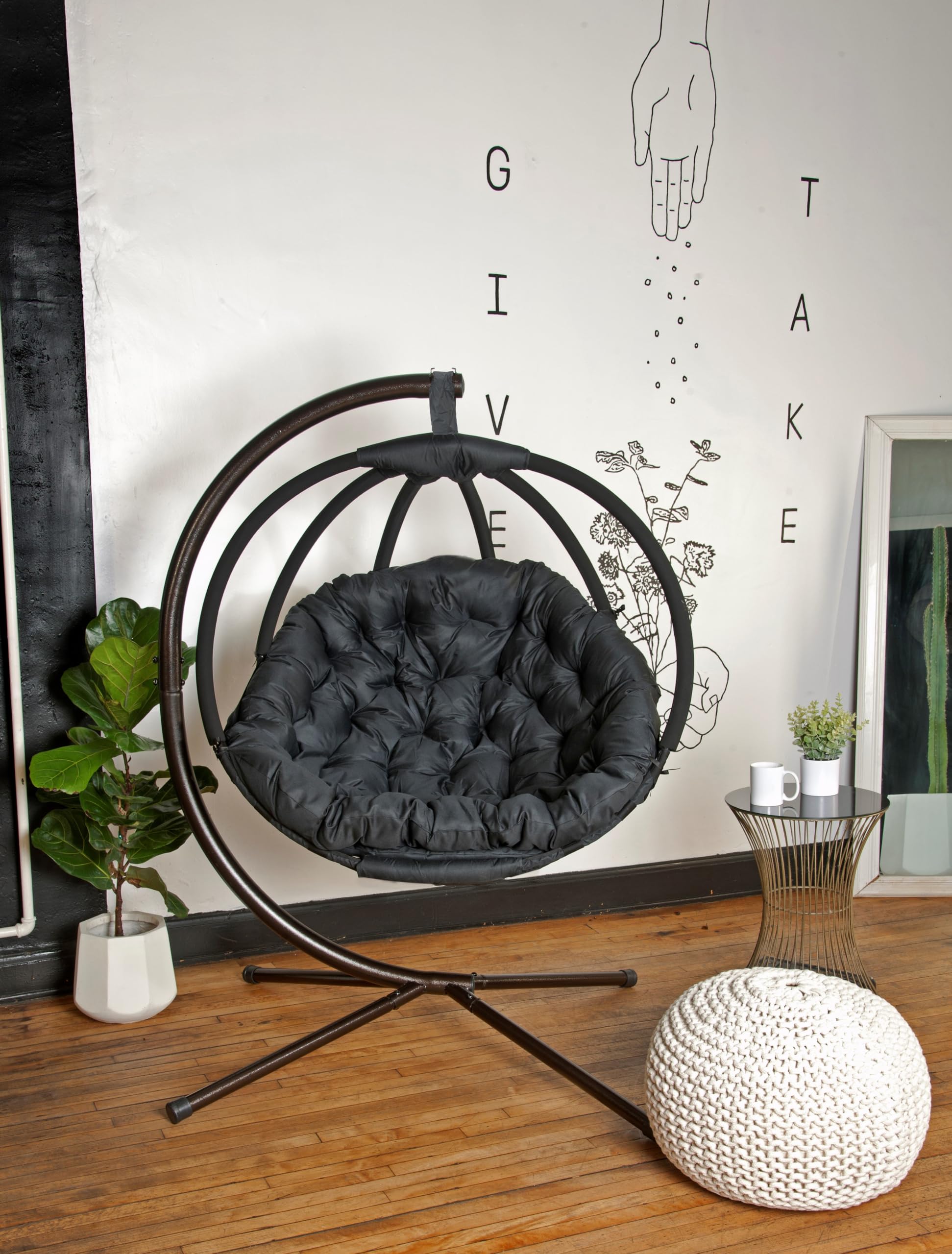 FlowerHouse Hanging Ball Chair with Stand - Black Overland Patio Swing Chair for Outdoor Garden, Balcony, or Backyard Relaxation