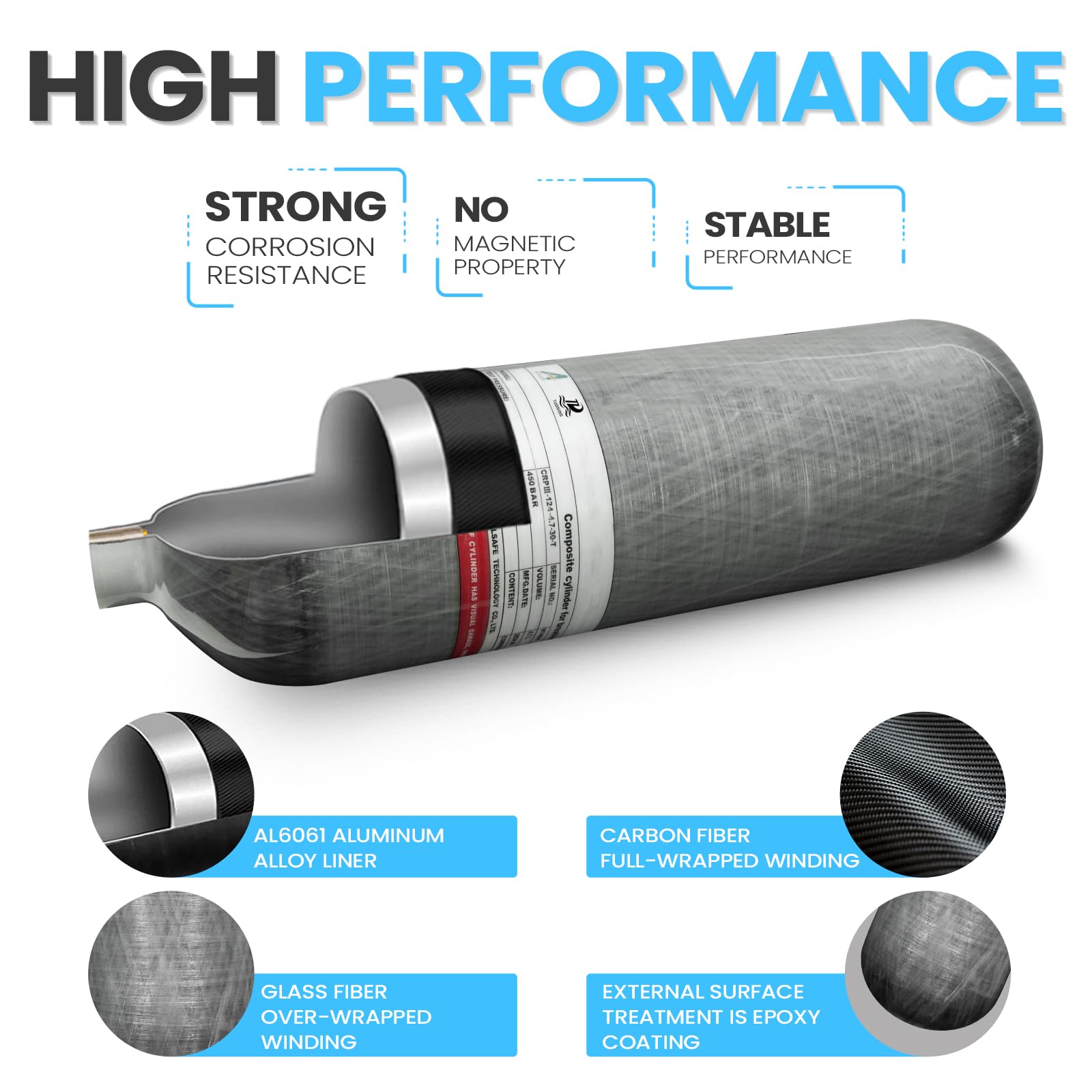 TUDIVING 4.7L 4500Psi Carbon Fiber Scuba Diving Tank - High Pressure Air (HPA) Cylinder for Deep Diving, PCP Paintball & Underwater Adventures | Portable 286 Cu in Oxygen Tank with M18x1.5 Valve | Perfect for Professional Divers, Paintball Enthusiasts & Outdoor Sports