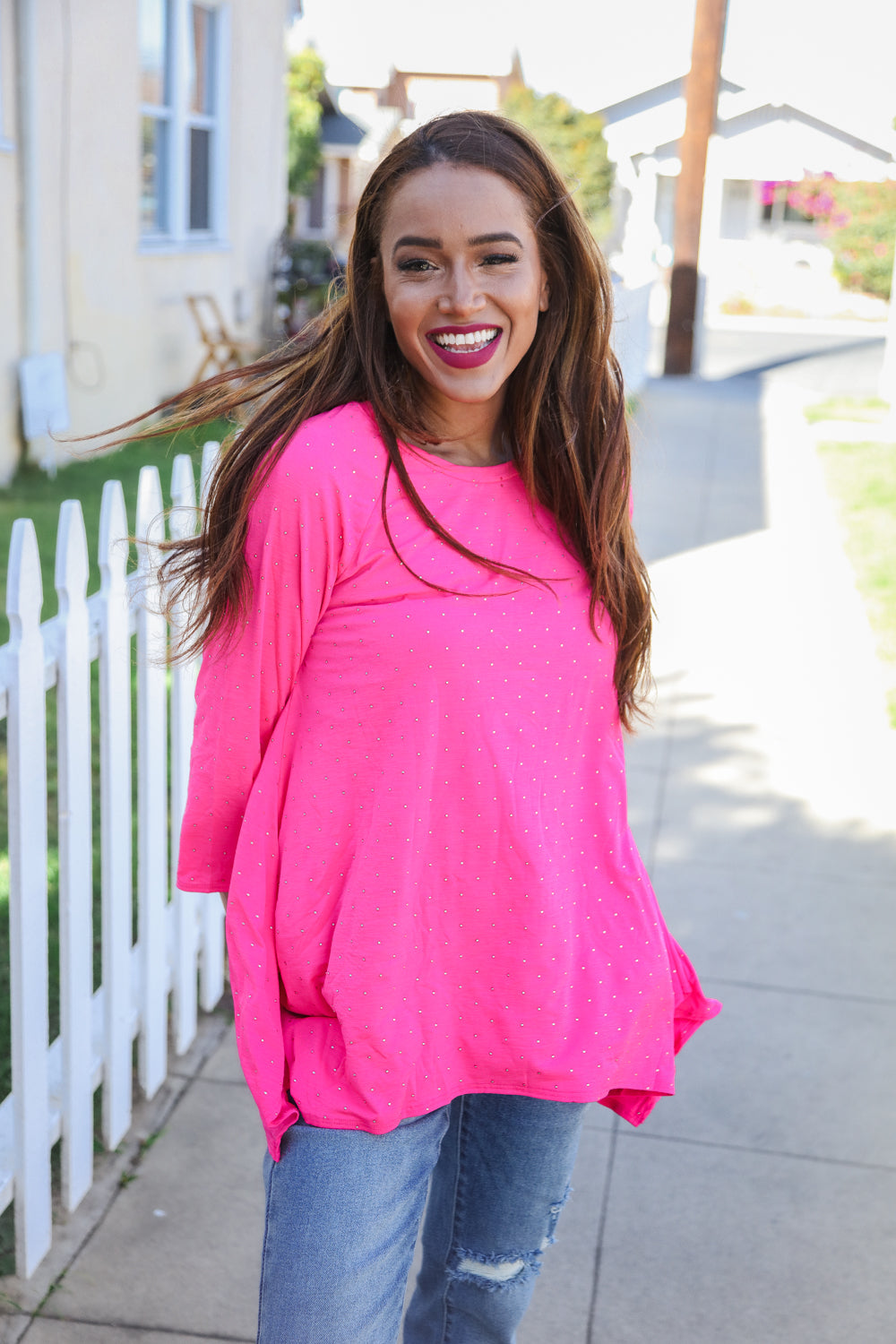 Be Bold Hot Pink Glitter Stud Scarf Hem Top - Women's Fashion Party Blouse for Night Out & Special Occasions