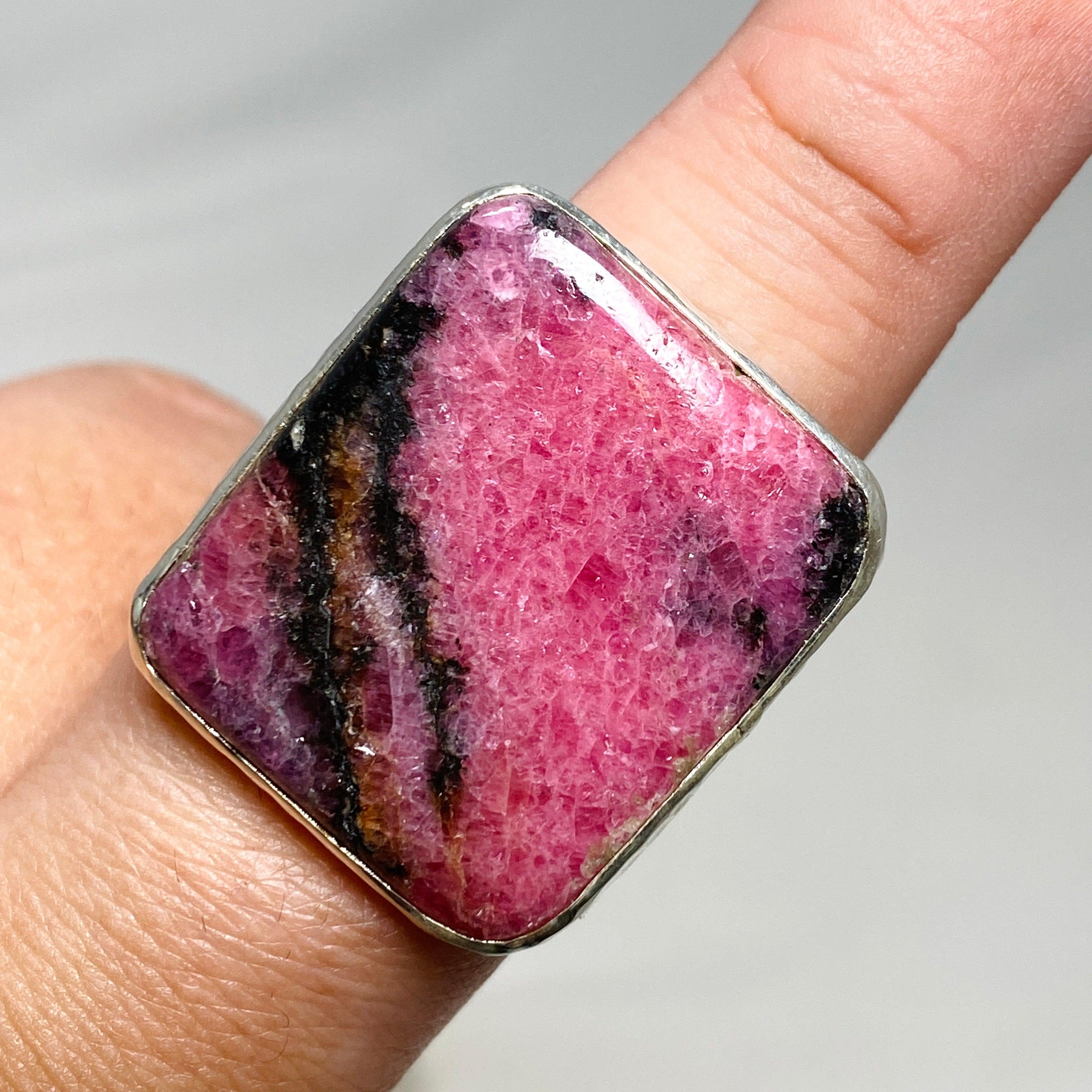 Rhodonite Rectangle Ring in Hammered Silver Setting - Size 9.5 (KRGJ3212) | Healing Stone Jewelry for Women, Meditation & Spiritual Gifts