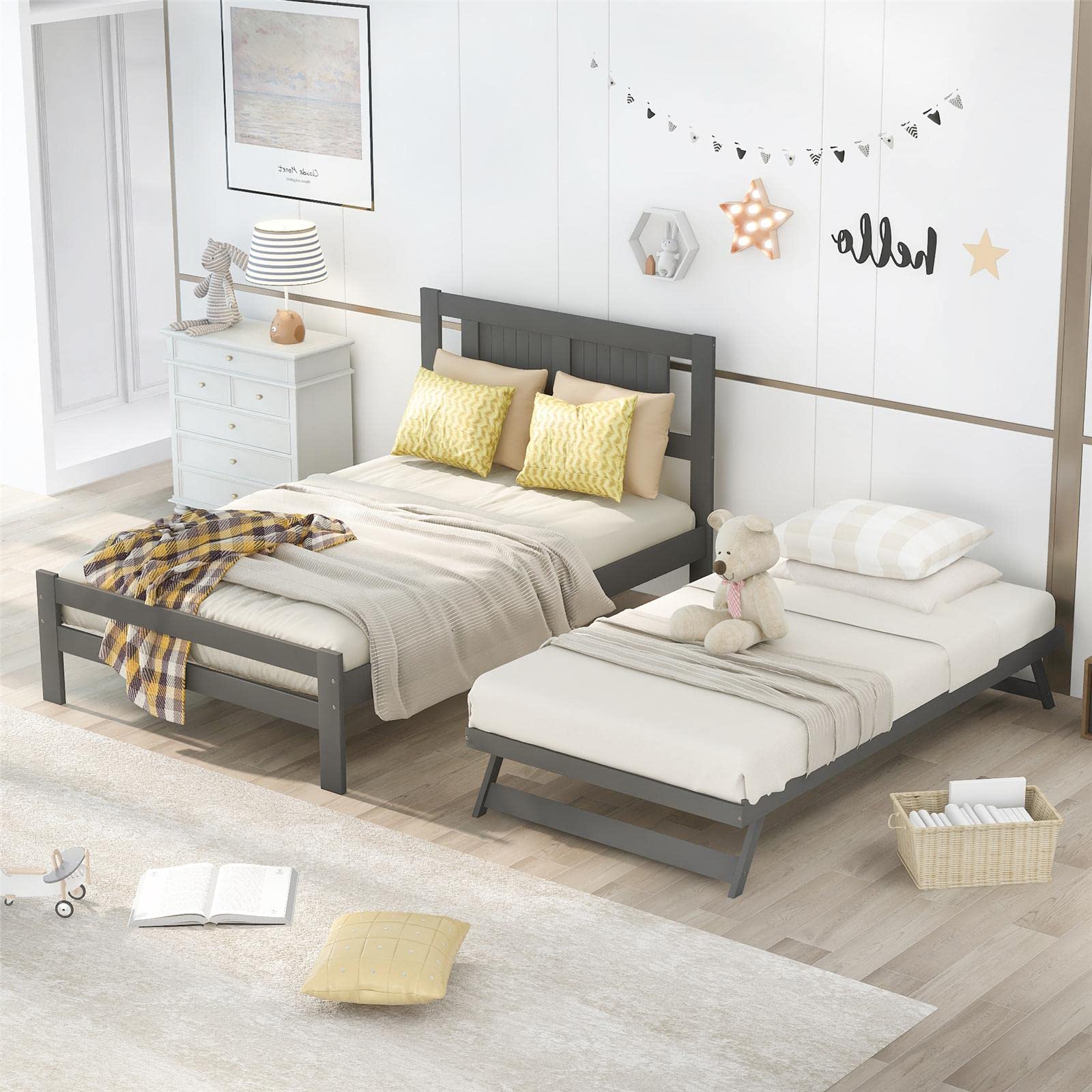 JINS&VICO Full Size Wooden Platform Bed Frame with Headboard & Trundle - Wood Slat Support, Easy Assembly, Gray - Perfect for Guest Rooms, Kids Rooms & Small Spaces
