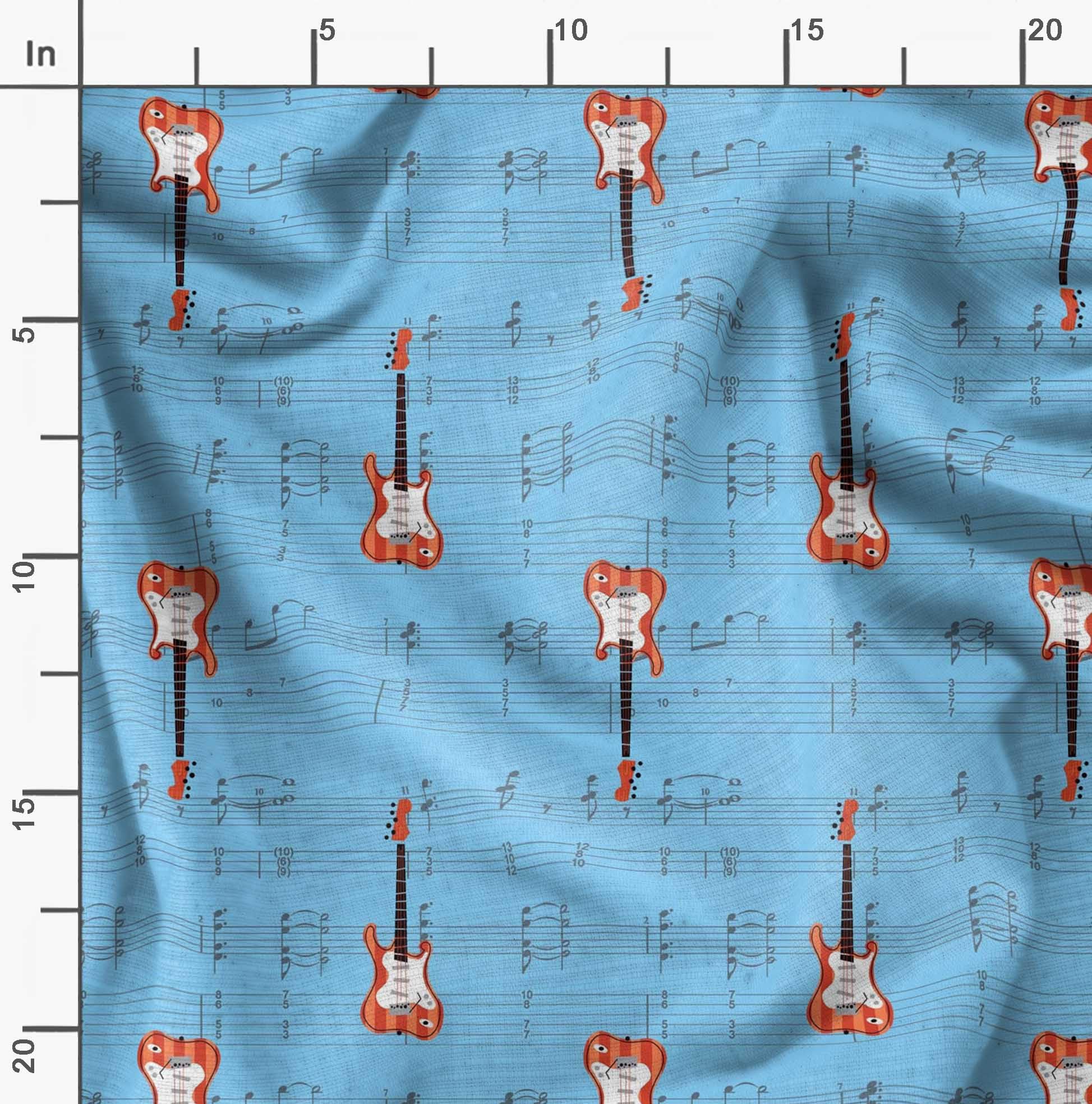 Soimoi Moss Georgette Blue Fabric by The Yard - 42 Inch Wide Printed Fabric for Dresses, Curtains & Home Decor - Musical Notes & Guitar Design Fashion Material