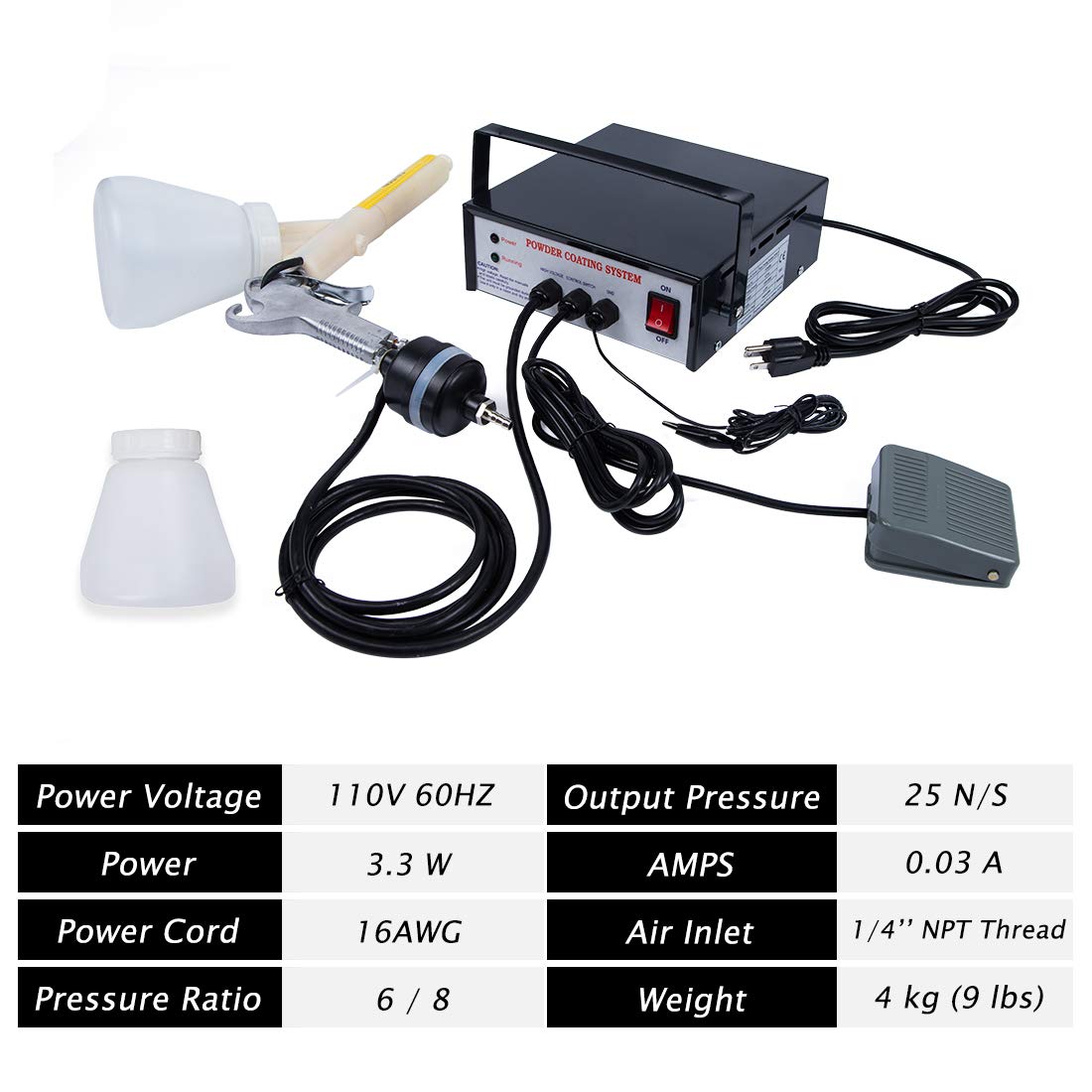 TBVECHI Electrostatic Powder Coating Gun Kit with Foot Switch - 110V Powder Spray Paint System for Metal Coating (PC03-5, Black) | Perfect for Automotive Parts, Furniture & DIY Metal Projects