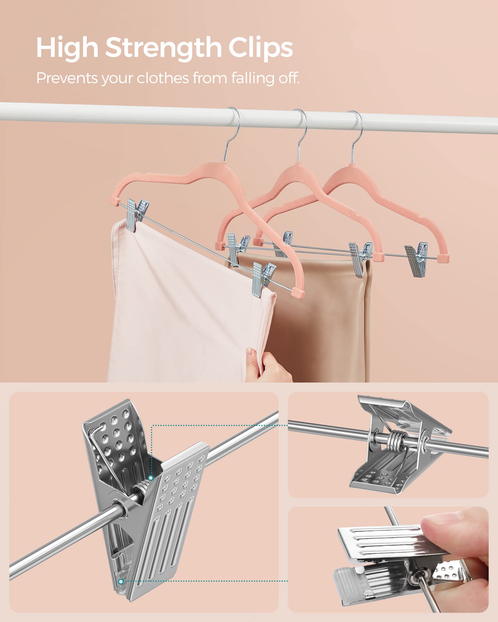 SONGMICS 30-Pack Velvet Non-Slip Pants Hangers with Adjustable Clips - 16.7 Inch Heavy Duty Clothes Hangers for Skirts, Coats, Dresses - Space Saving Closet Organization for Wardrobe, Laundry Room & Travel Packing (Light Pink, UCRF12PK30)