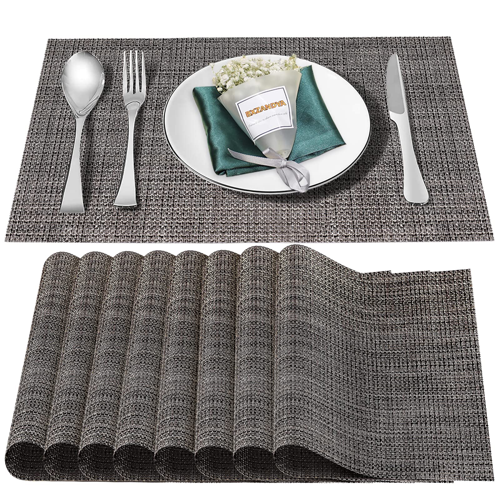 BxzanDya Heat & Stain Resistant Non-Slip Placemats - Set of 8 Washable PVC Table Mats for Dining & Kitchen - Durable Vinyl Woven Placemats for Everyday Use, Parties & Outdoor Dining