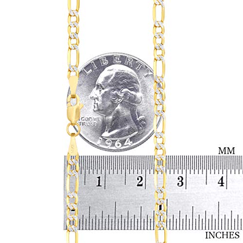 14K Real Yellow Gold Figaro Link Chain Bracelet - 4mm Diamond Cut Pave Design (7