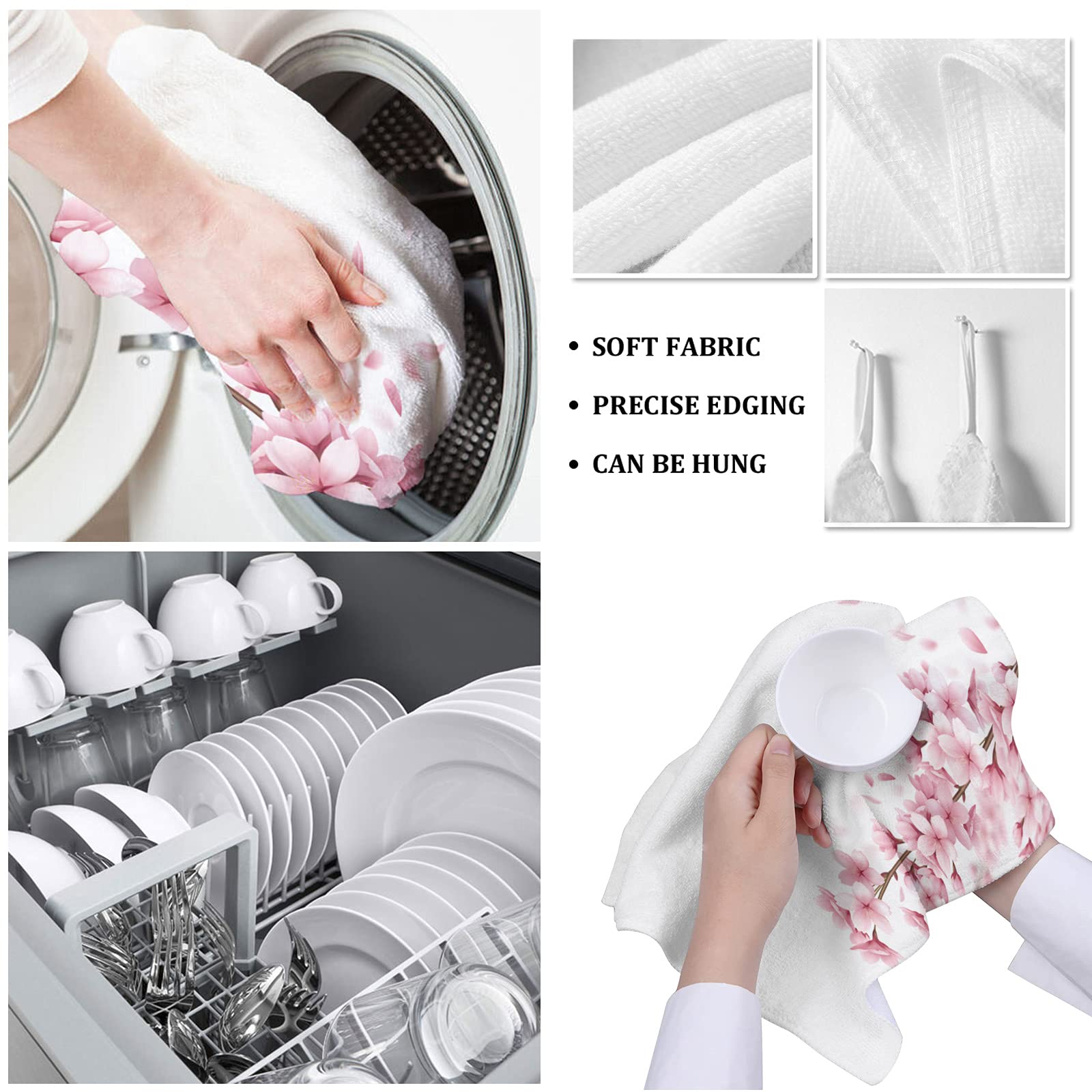 Premium Microfiber Kitchen Towel Set - 4 Pack Fast Drying Dish Cloths with Cherry Blossom Design (18x28 Inch) - Perfect for Cooking, Cleaning, Bar Use & Hand Drying - Pink Floral Pattern on White Background
