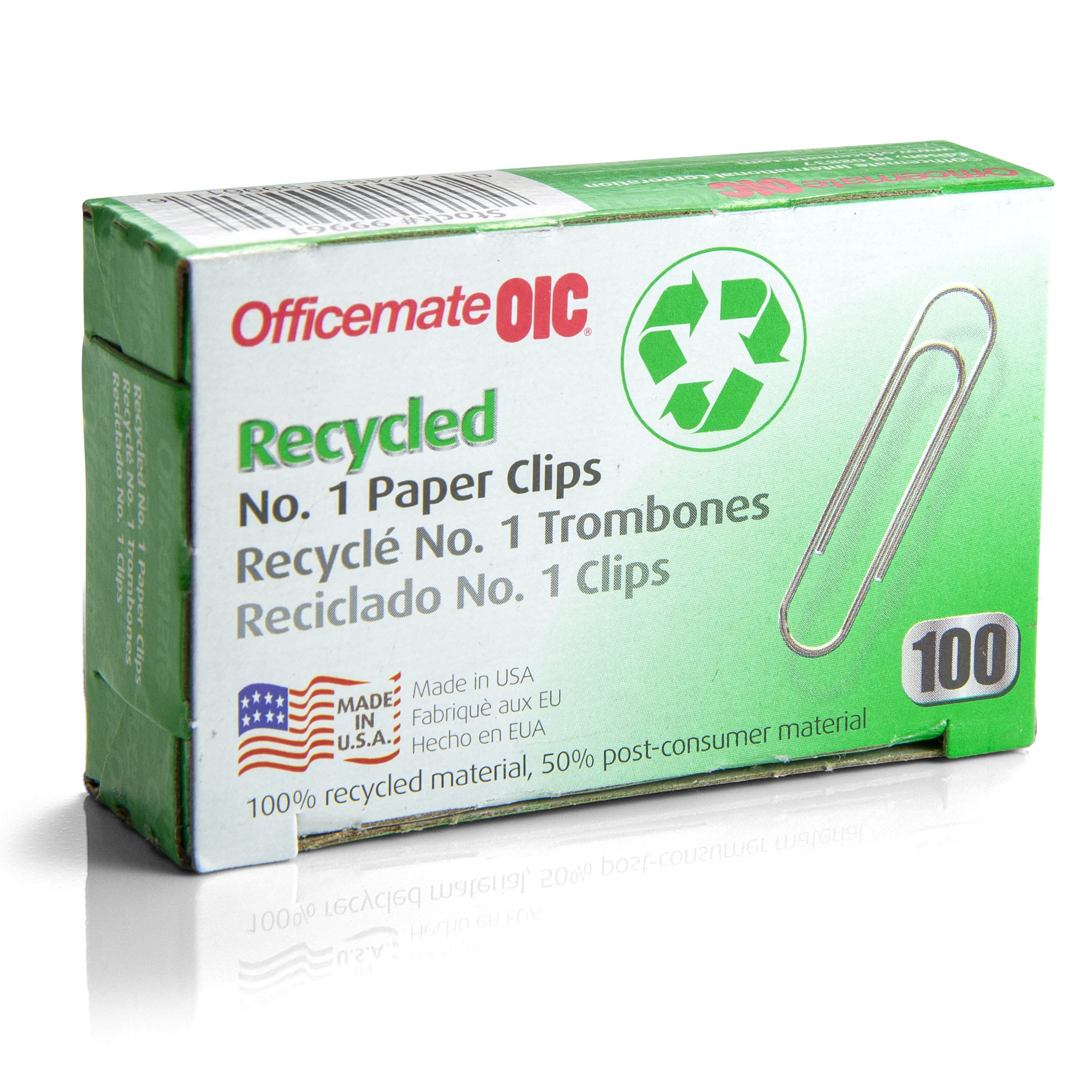 Officemate Recycled No. 1 Paper Clips - 1000 Clips (10 Boxes of 100) - 99961 - Eco-Friendly Office & School Supplies for Organizing Documents, Notes & Files