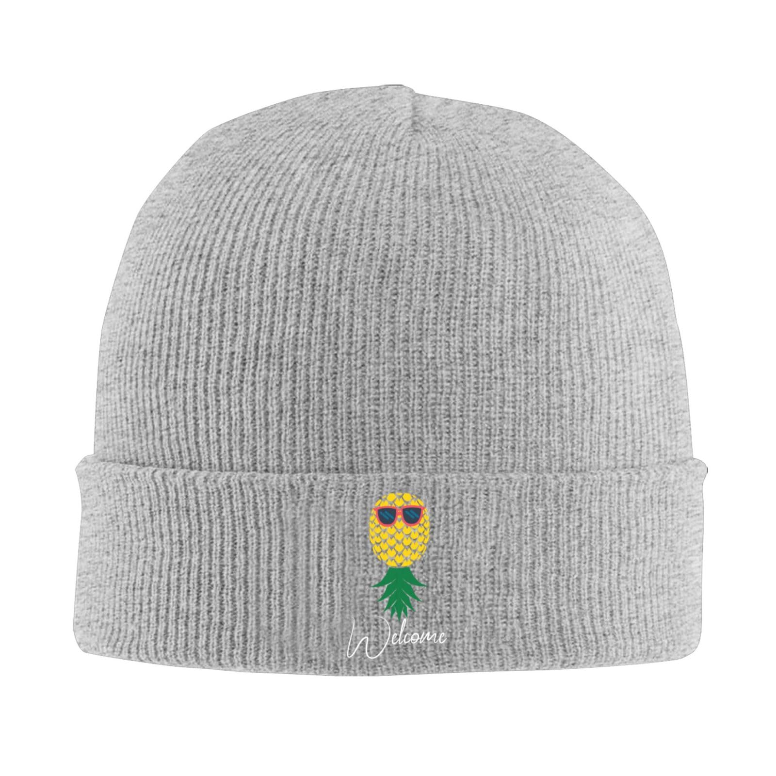 Funny Pineapple Welcome Upside Down Beanie Hat for Men & Women - Warm Knitted Slouchy Skull Cap in Black - Perfect for Winter Fashion, Christmas Gifts & Tropical Themed Parties