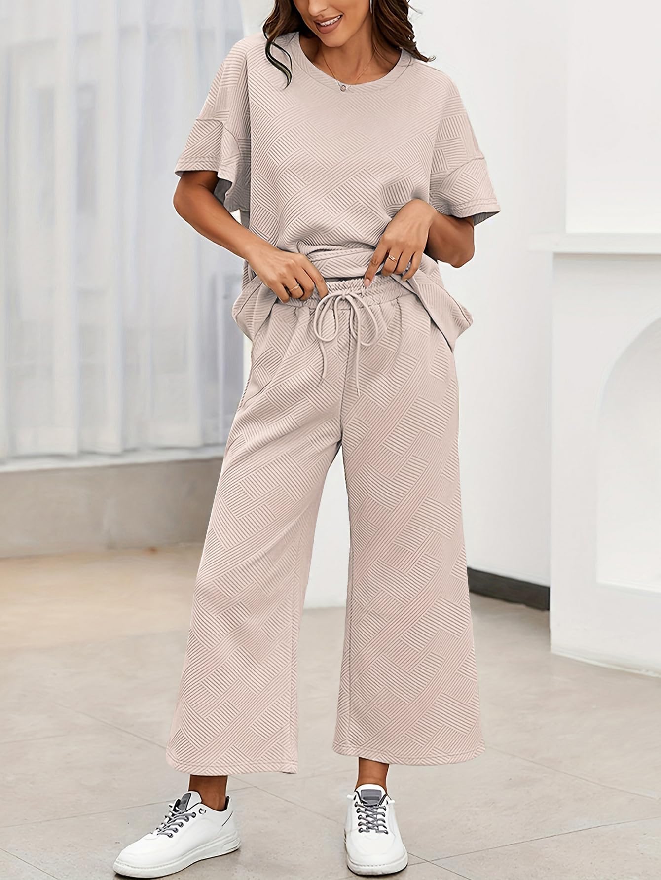 YKR Women's 2-Piece Lounge Set - Soft Knit Short Sleeve Pullover Top & Wide Leg Pants - Comfortable Summer Outfit 2024 - Perfect for Home Relaxation, Yoga, and Casual Outings
