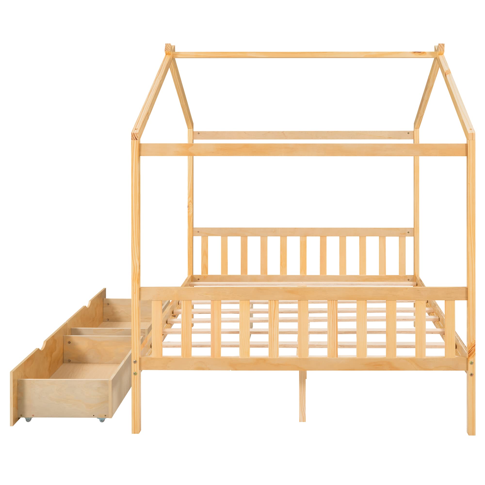 Solid Wood Full Bed Frame with Headboard & Footboard - Low Profile House Bed with Underbed Storage Drawers - Natural Finish for Kids, Teens, Boys & Girls - Perfect for Small Bedrooms, Dorm Rooms & Guest Rooms