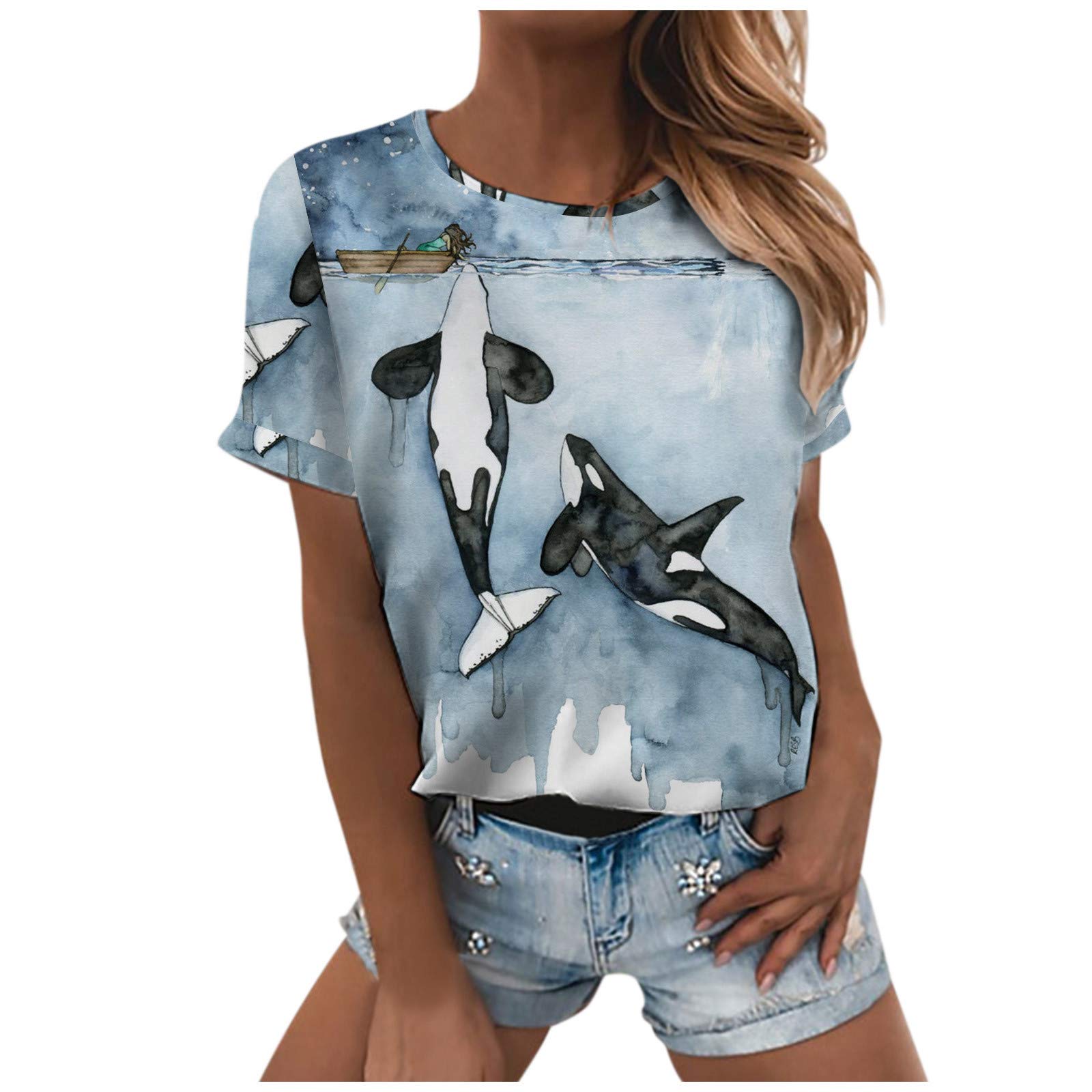 Women's Summer Tops - Casual Loose Round Neck Short Sleeve Printed Blouse | Breathable Comfort for Beach, Vacation & Everyday Wear