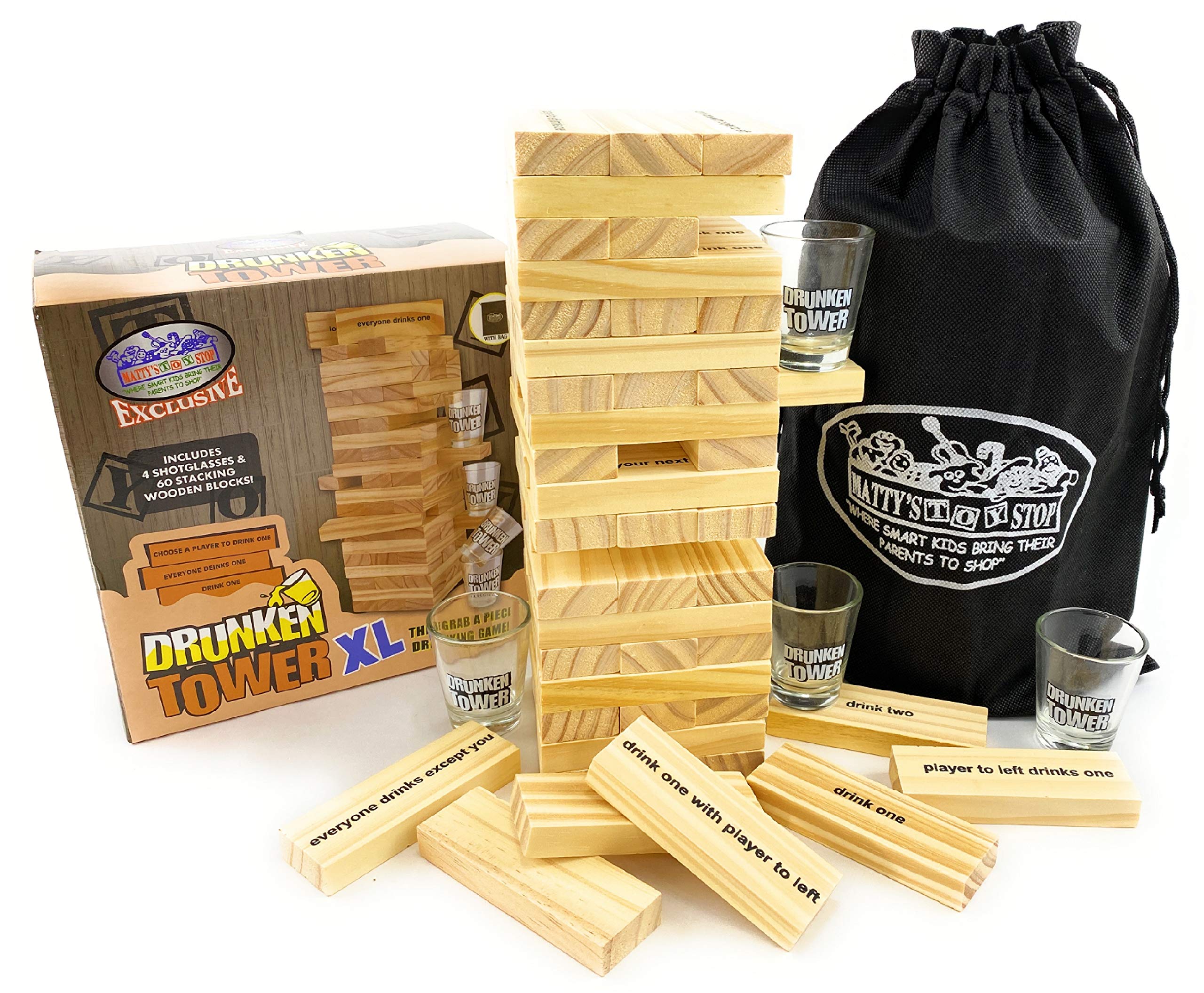 Matty's Toy Stop Deluxe 60-Piece XL Wooden Drunken Tower Game Set with Shot Glasses & Storage Bag - Fun Adult Drinking Party Game for Bars, Game Nights & Social Gatherings