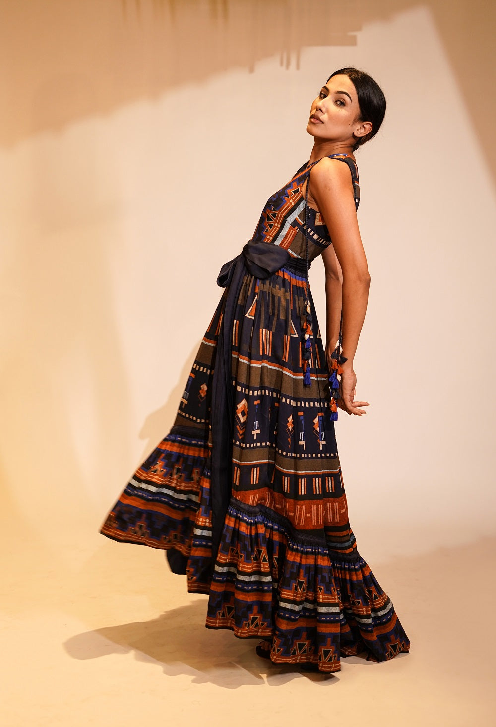 Midnight Blue Aztec Print Maxi Dress for Women - Boho Chic Long Flowy Dress for Beach, Vacation & Summer Outfits