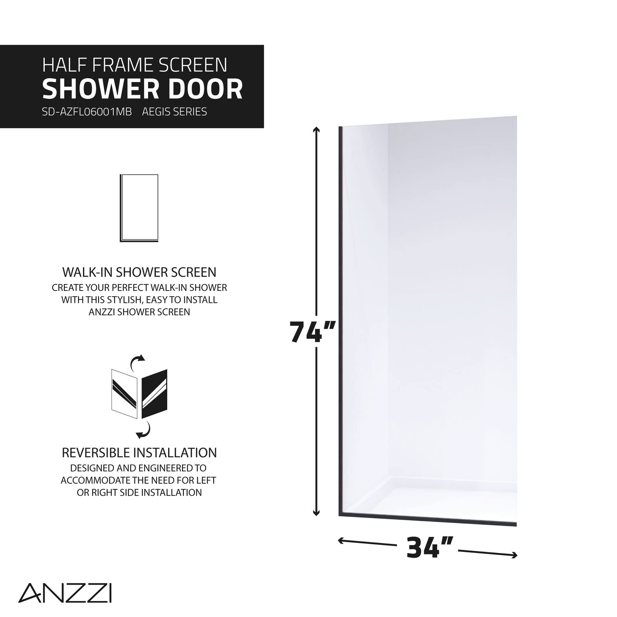 ANZZI 74 x 34 Inch Frameless Fixed Glass Shower Screen Door - Matte Black Finish with Veil Water Repellent Technology | Clear Tempered Glass Single Panel for Bathroom & Shower Enclosure | Complete Hardware Kit for Easy Installation | Perfect for Modern Home & Spa-Like Bathroom Experience