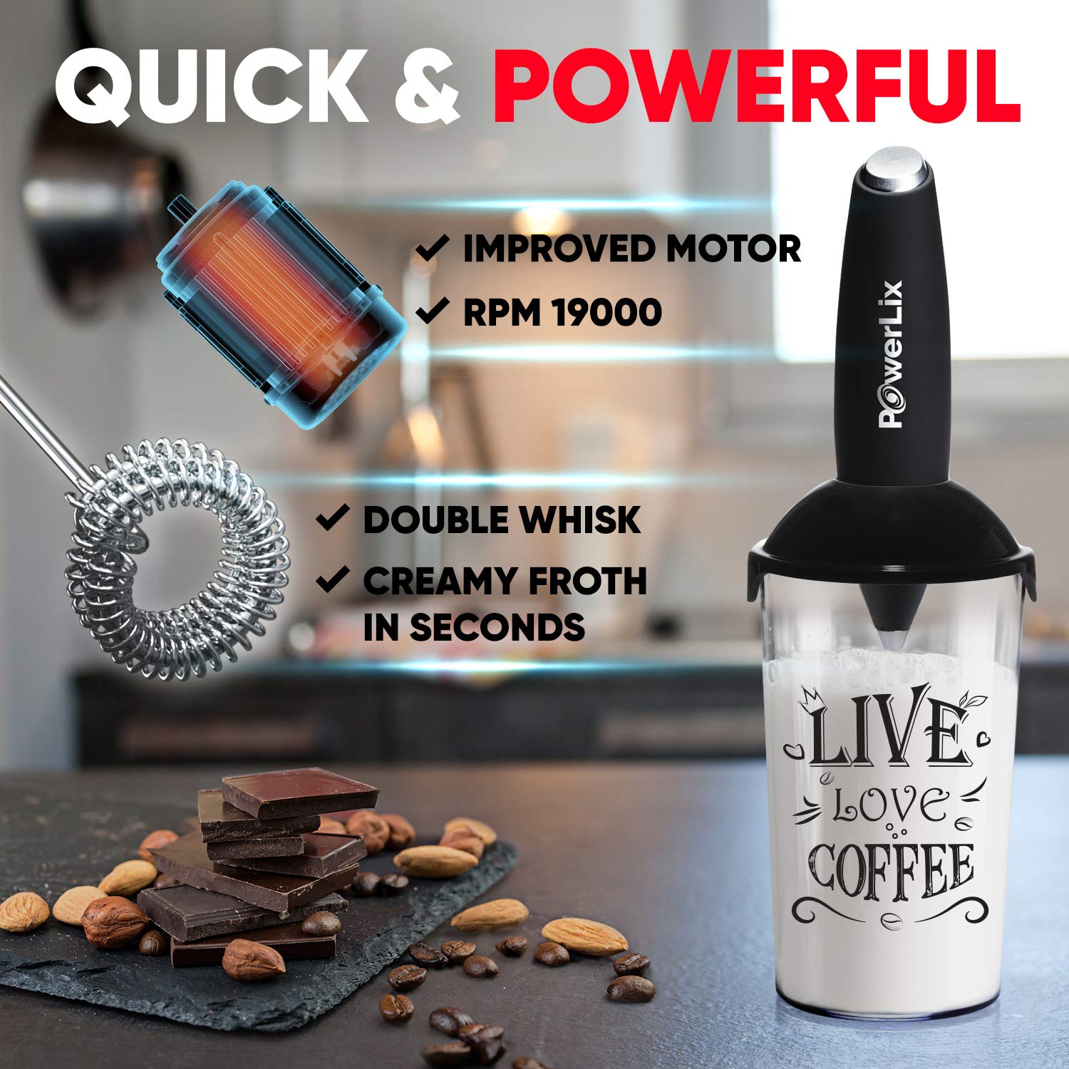 PowerLix Powerful Handheld Milk Frother - Battery Operated Foam Maker for Coffee, Latte & Cappuccino - Compact & Portable Frothing Wand (Black) - Perfect for Home, Office & Travel Use