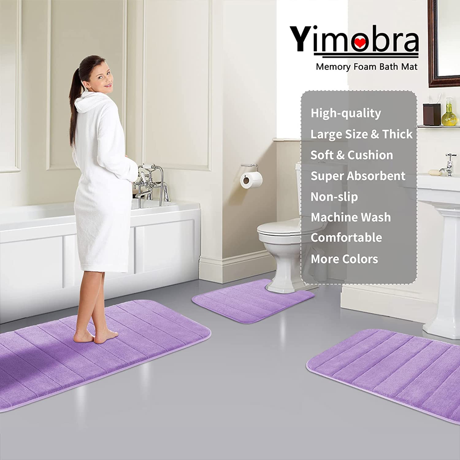 Yimobra Memory Foam Bath Mat - 24x17 Inch Non-Slip Super Absorbent Quick Dry Bathroom Rug - Soft Thick Machine Washable Shower Mat for Tub & Floor - Perfect for Bathroom Safety & Comfort (Lavender)